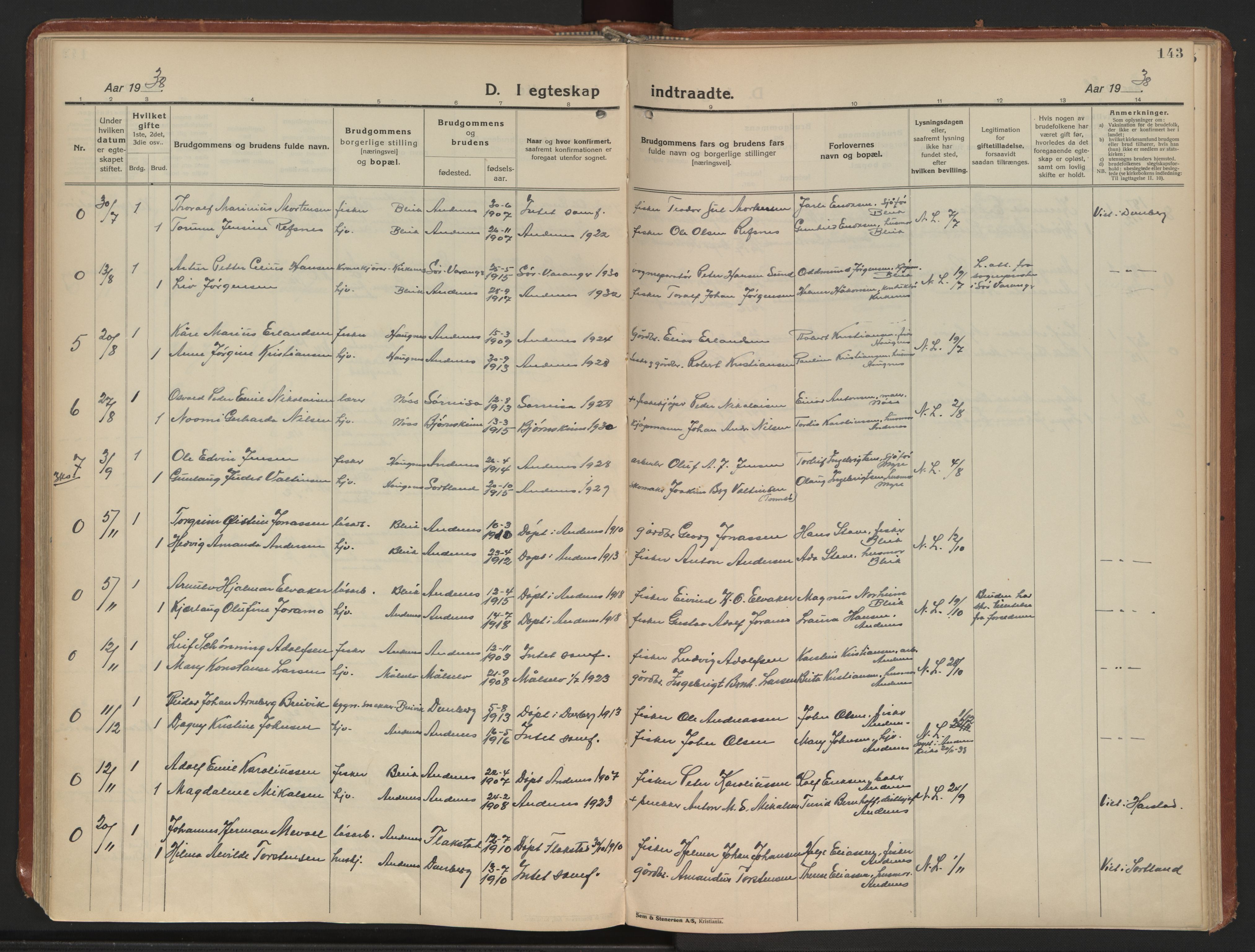 Ministerialprotokoller, klokkerbøker og fødselsregistre - Nordland, AV/SAT-A-1459/899/L1441: Parish register (official) no. 899A09, 1923-1939, p. 143