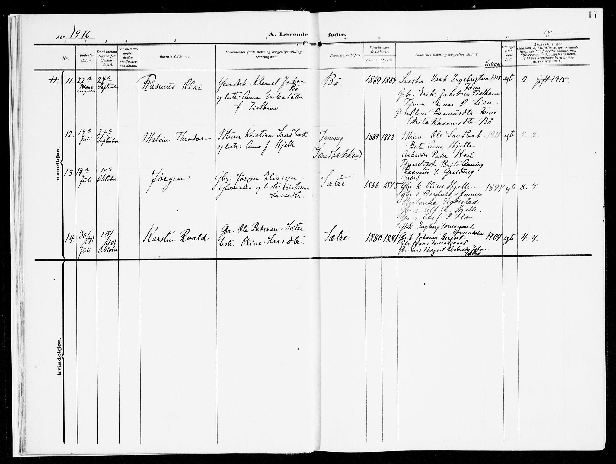 Stryn Sokneprestembete, AV/SAB-A-82501: Parish register (official) no. B 2, 1908-1936, p. 17