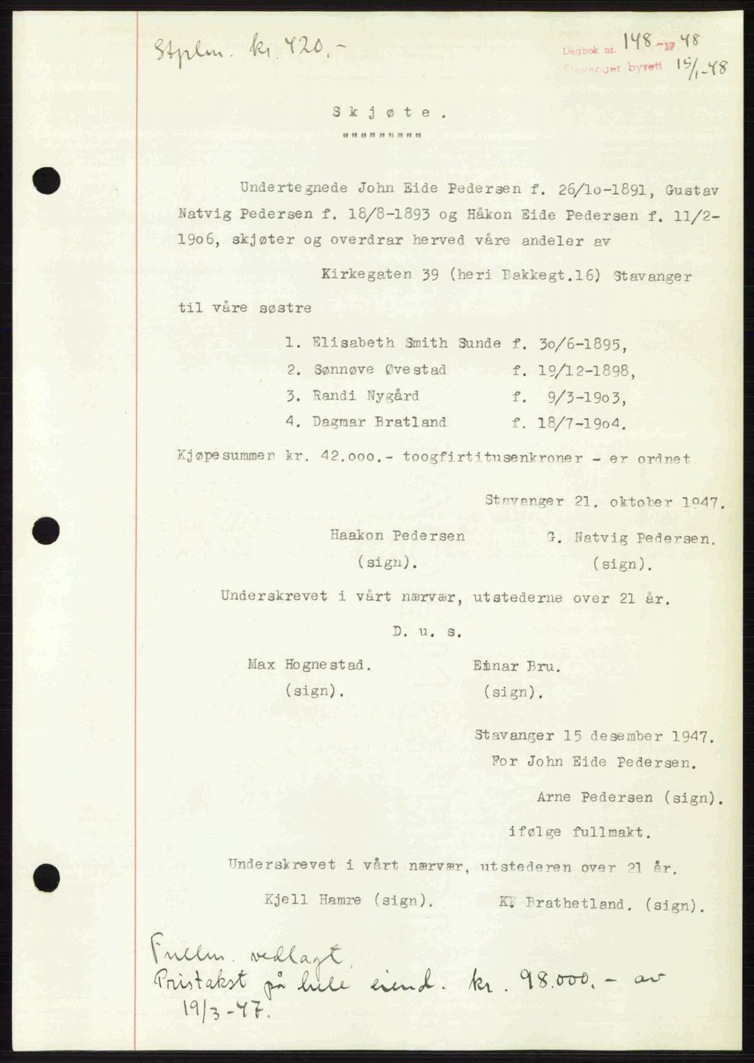 Stavanger byrett, SAST/A-100455/002/G/Gb/L0022: Mortgage book no. A11, 1947-1948, Diary no: : 148/1948