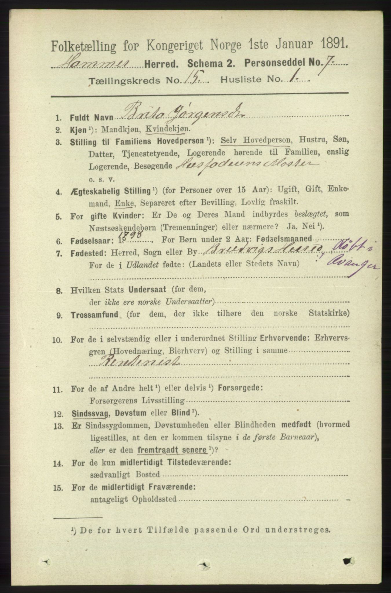 RA, 1891 census for 1254 Hamre, 1891, p. 4695