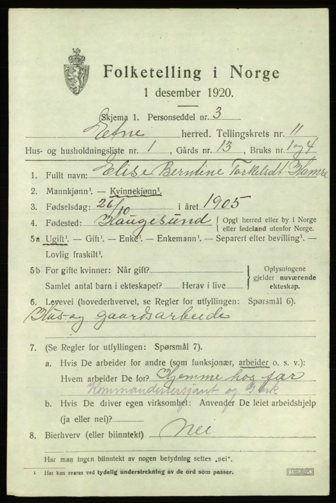 SAB, 1920 census for Etne, 1920, p. 4671