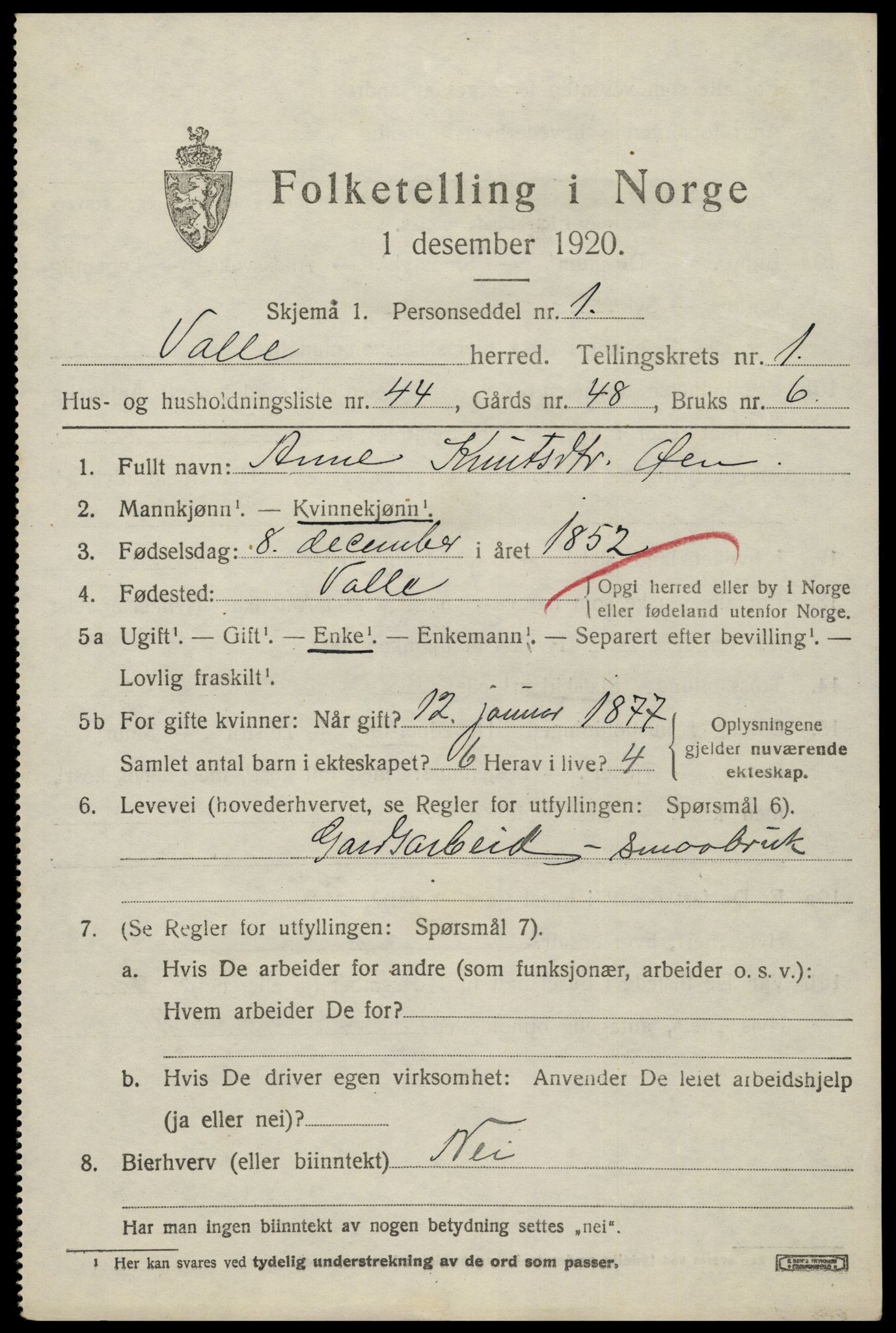 SAK, 1920 census for Valle, 1920, p. 943