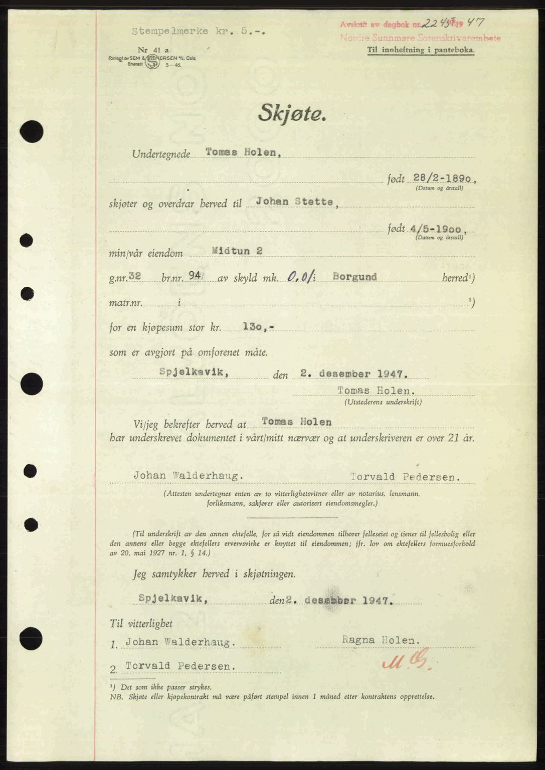 Nordre Sunnmøre sorenskriveri, AV/SAT-A-0006/1/2/2C/2Ca: Mortgage book no. A26, 1947-1948, Diary no: : 2245/1947