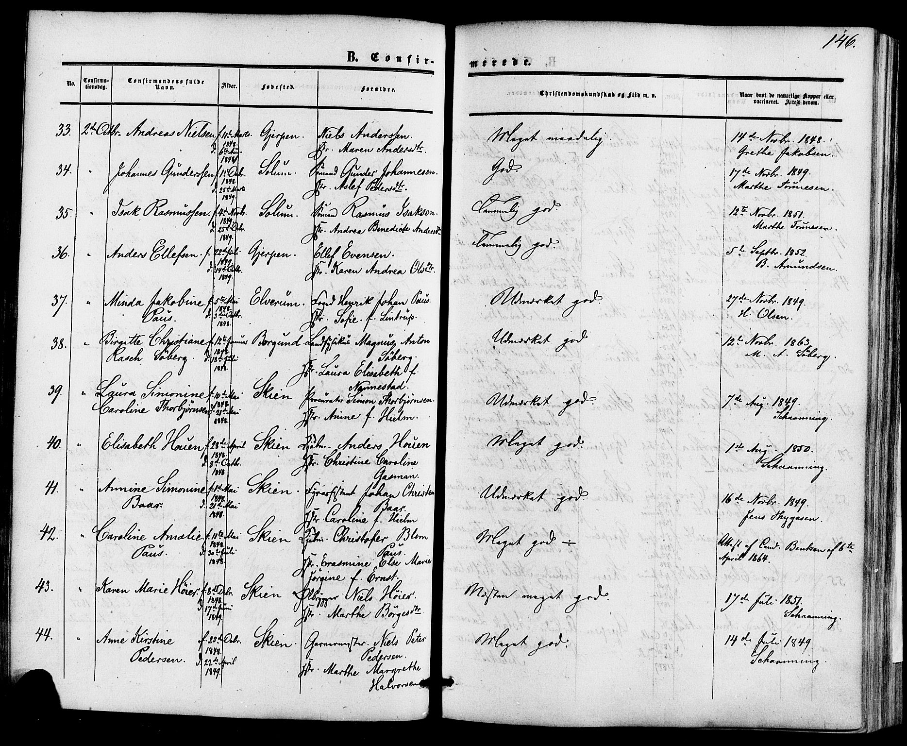 Skien kirkebøker, AV/SAKO-A-302/F/Fa/L0007: Parish register (official) no. 7, 1856-1865, p. 146