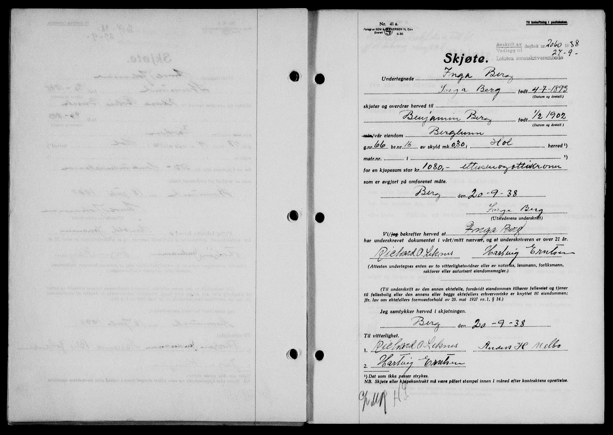 Lofoten sorenskriveri, SAT/A-0017/1/2/2C/L0004a: Mortgage book no. 4a, 1938-1938, Diary no: : 2060/1938