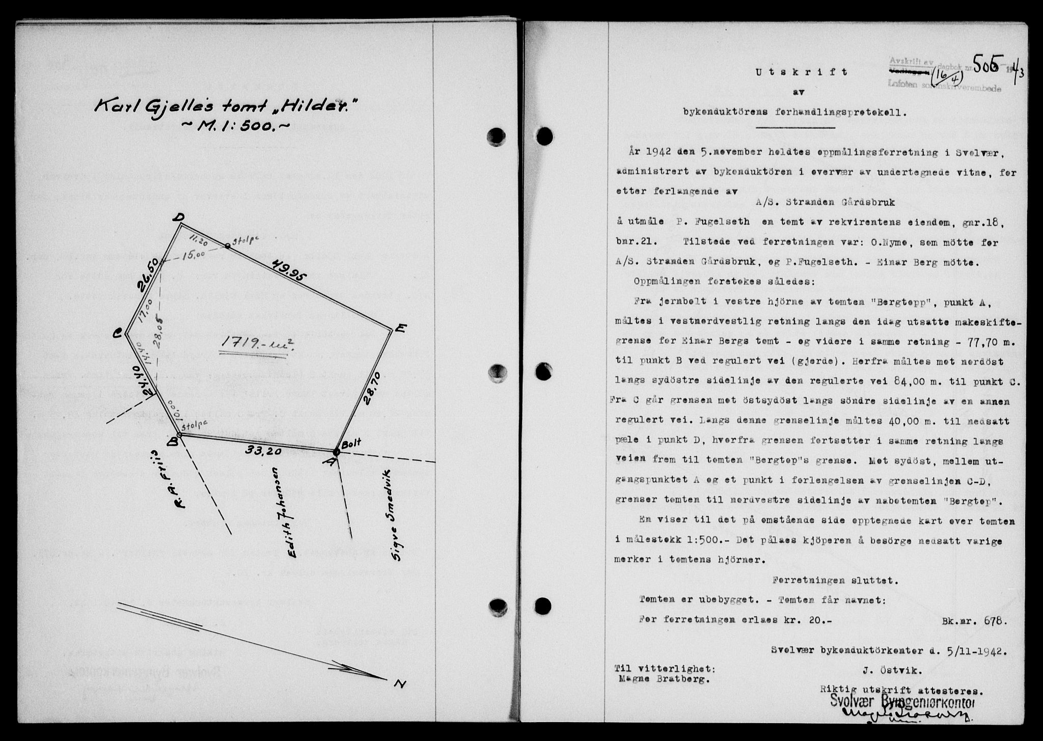 Lofoten sorenskriveri, SAT/A-0017/1/2/2C/L0011a: Mortgage book no. 11a, 1943-1943, Diary no: : 505/1943