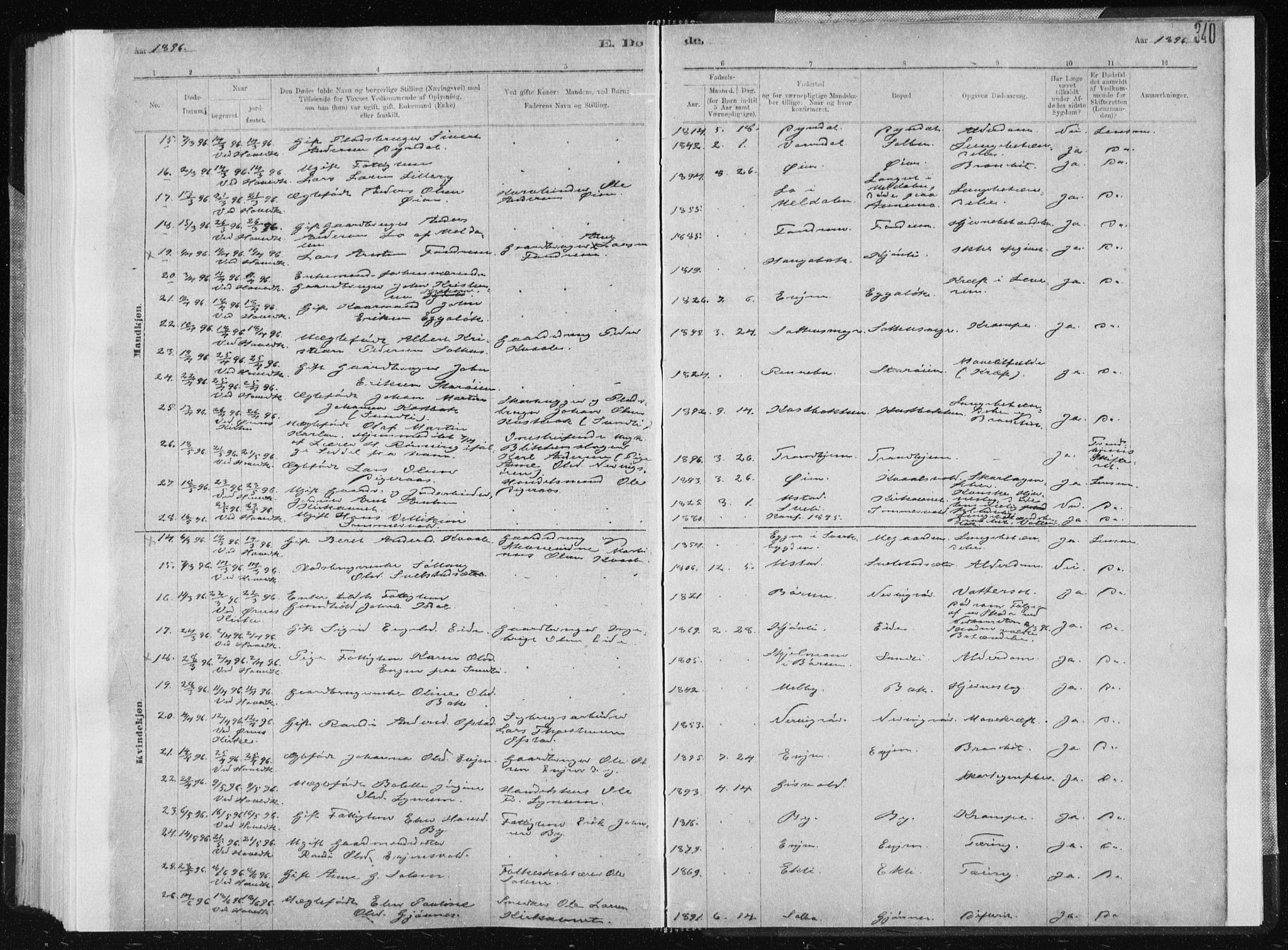 Ministerialprotokoller, klokkerbøker og fødselsregistre - Sør-Trøndelag, SAT/A-1456/668/L0818: Parish register (copy) no. 668C07, 1885-1898, p. 340