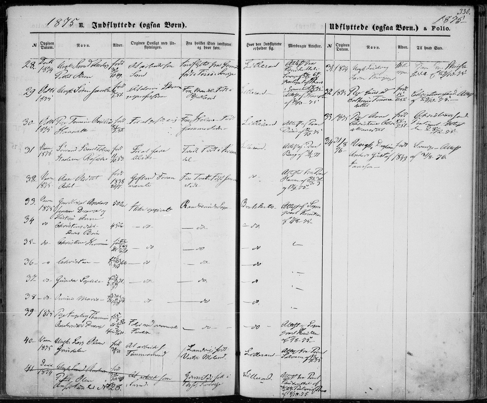 Vestre Moland sokneprestkontor, AV/SAK-1111-0046/F/Fa/Fab/L0008: Parish register (official) no. A 8, 1873-1883, p. 330