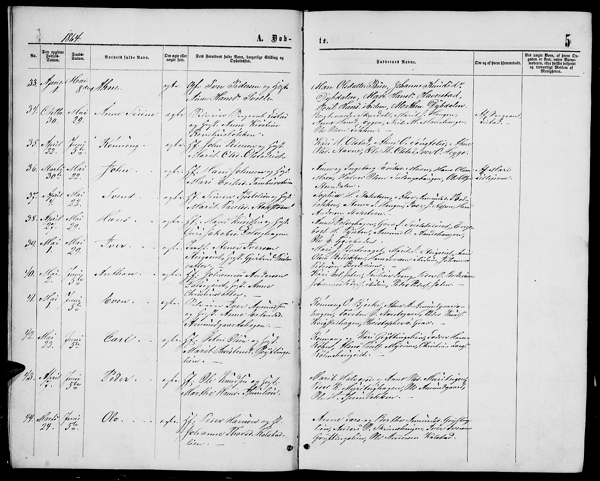 Sør-Fron prestekontor, AV/SAH-PREST-010/H/Ha/Hab/L0002: Parish register (copy) no. 2, 1864-1883, p. 5