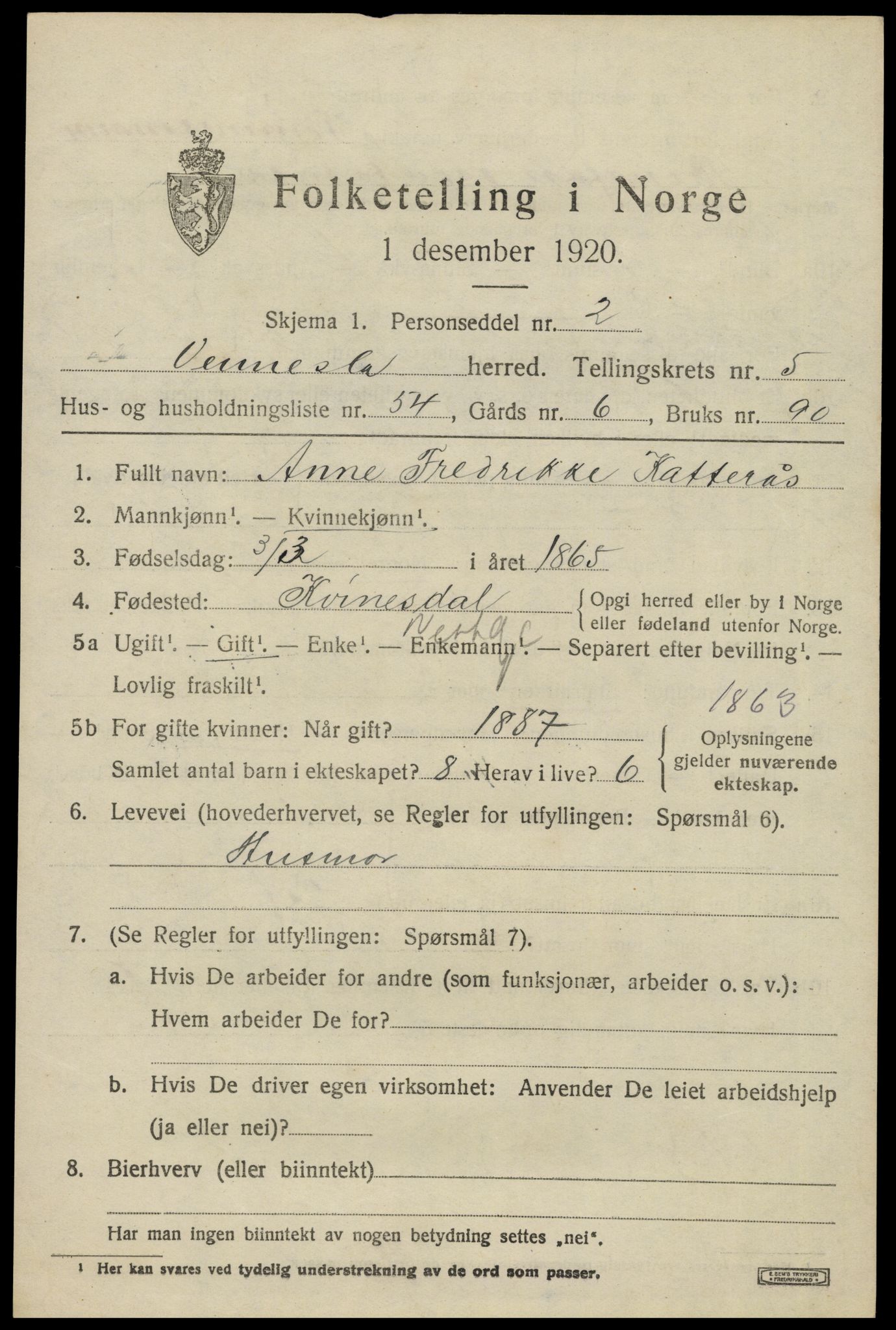 SAK, 1920 census for Vennesla, 1920, p. 4114