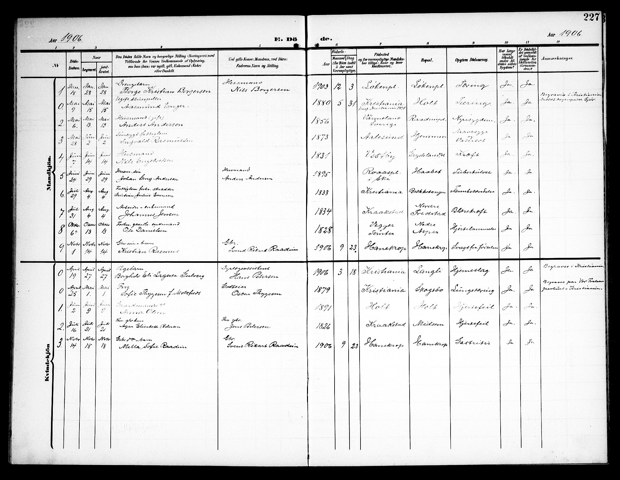 Kråkstad prestekontor Kirkebøker, SAO/A-10125a/G/Ga/L0002: Parish register (copy) no. I 2, 1905-1934, p. 227