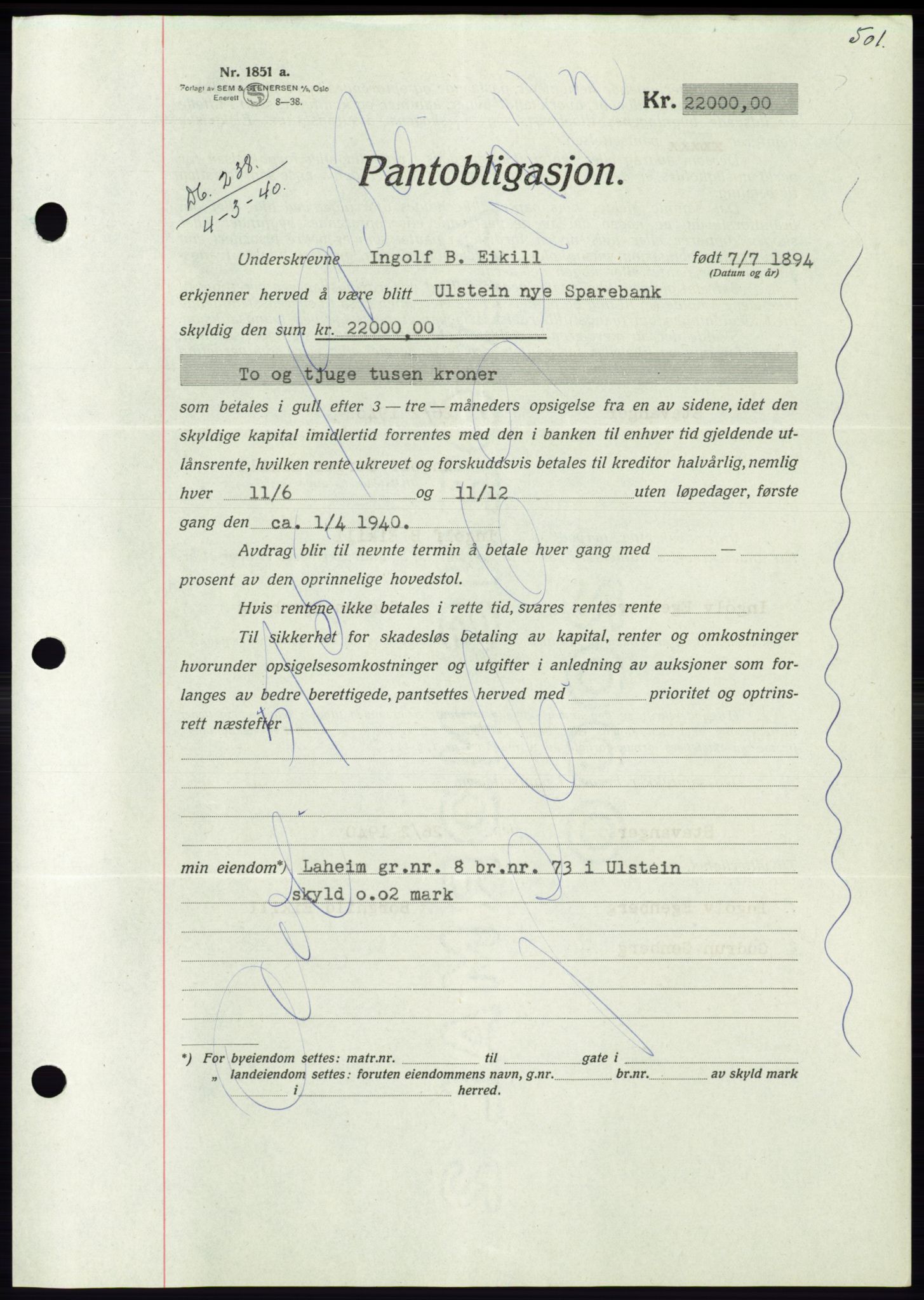 Søre Sunnmøre sorenskriveri, AV/SAT-A-4122/1/2/2C/L0069: Mortgage book no. 63, 1939-1940, Diary no: : 238/1940