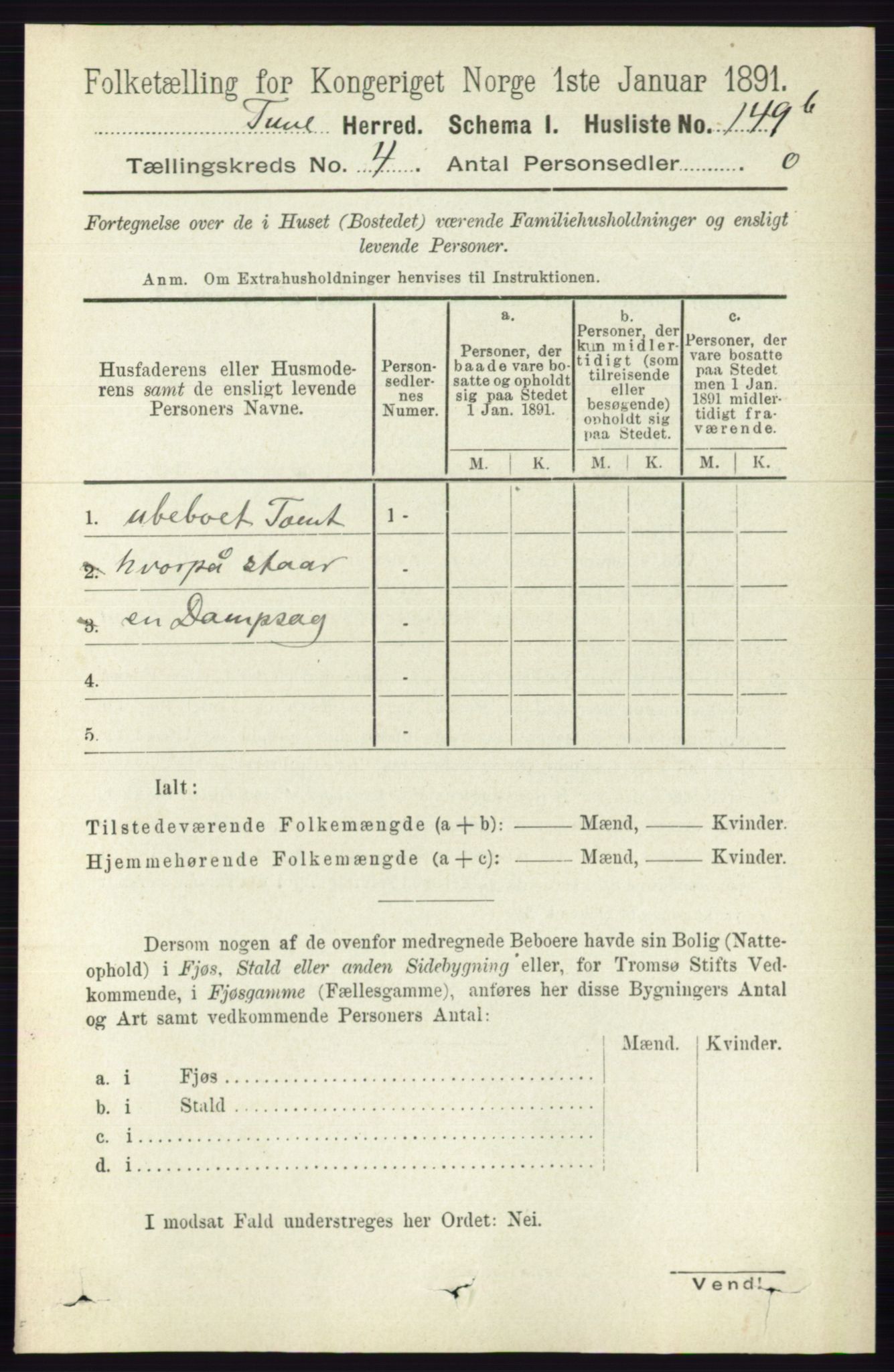 RA, 1891 census for 0130 Tune, 1891, p. 2190