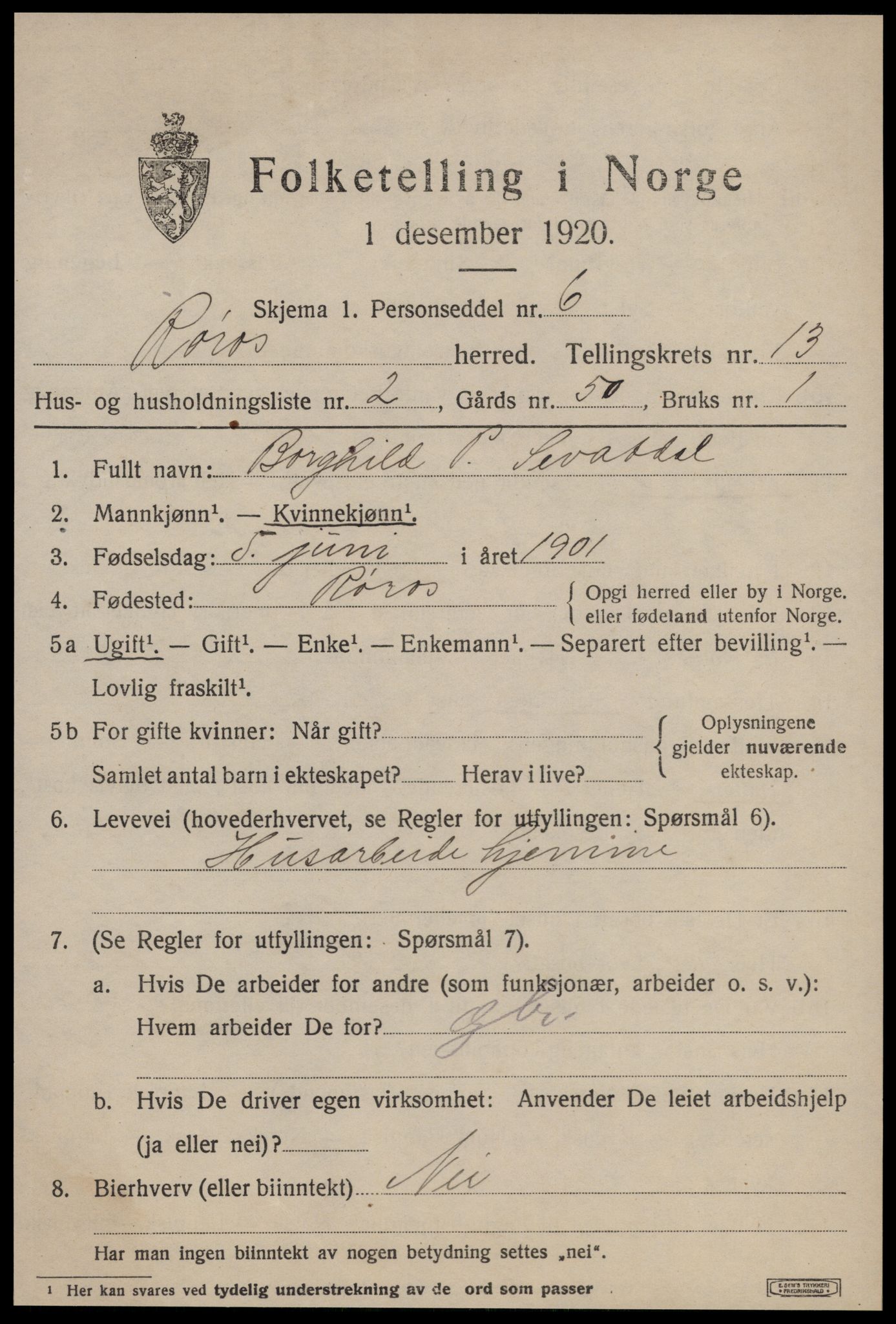 SAT, 1920 census for Røros, 1920, p. 9386