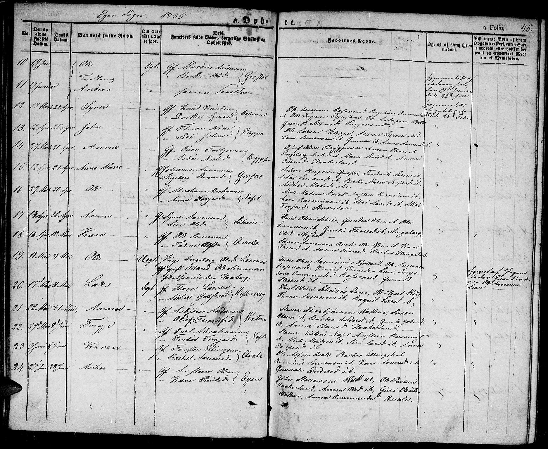 Hægebostad sokneprestkontor, AV/SAK-1111-0024/F/Fa/Fab/L0001: Parish register (official) no. A 1, 1823-1867, p. 45