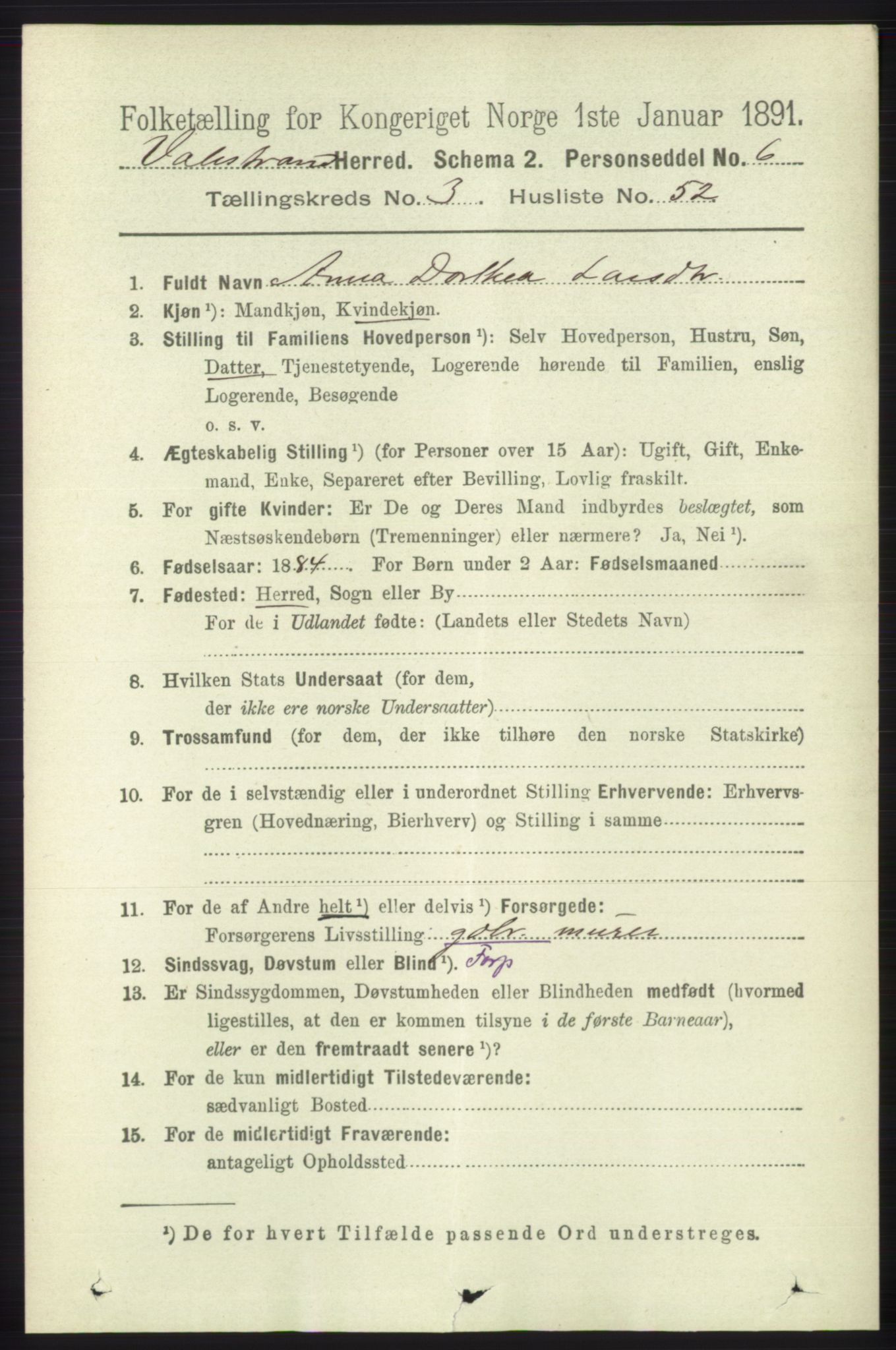 RA, 1891 census for 1217 Valestrand, 1891, p. 827