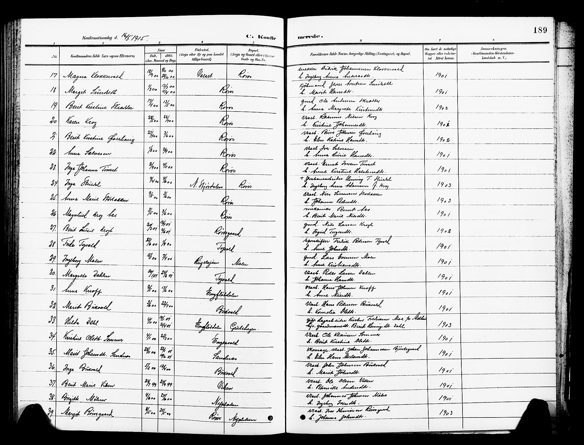 Ministerialprotokoller, klokkerbøker og fødselsregistre - Sør-Trøndelag, SAT/A-1456/681/L0942: Parish register (copy) no. 681C06, 1906-1925, p. 189