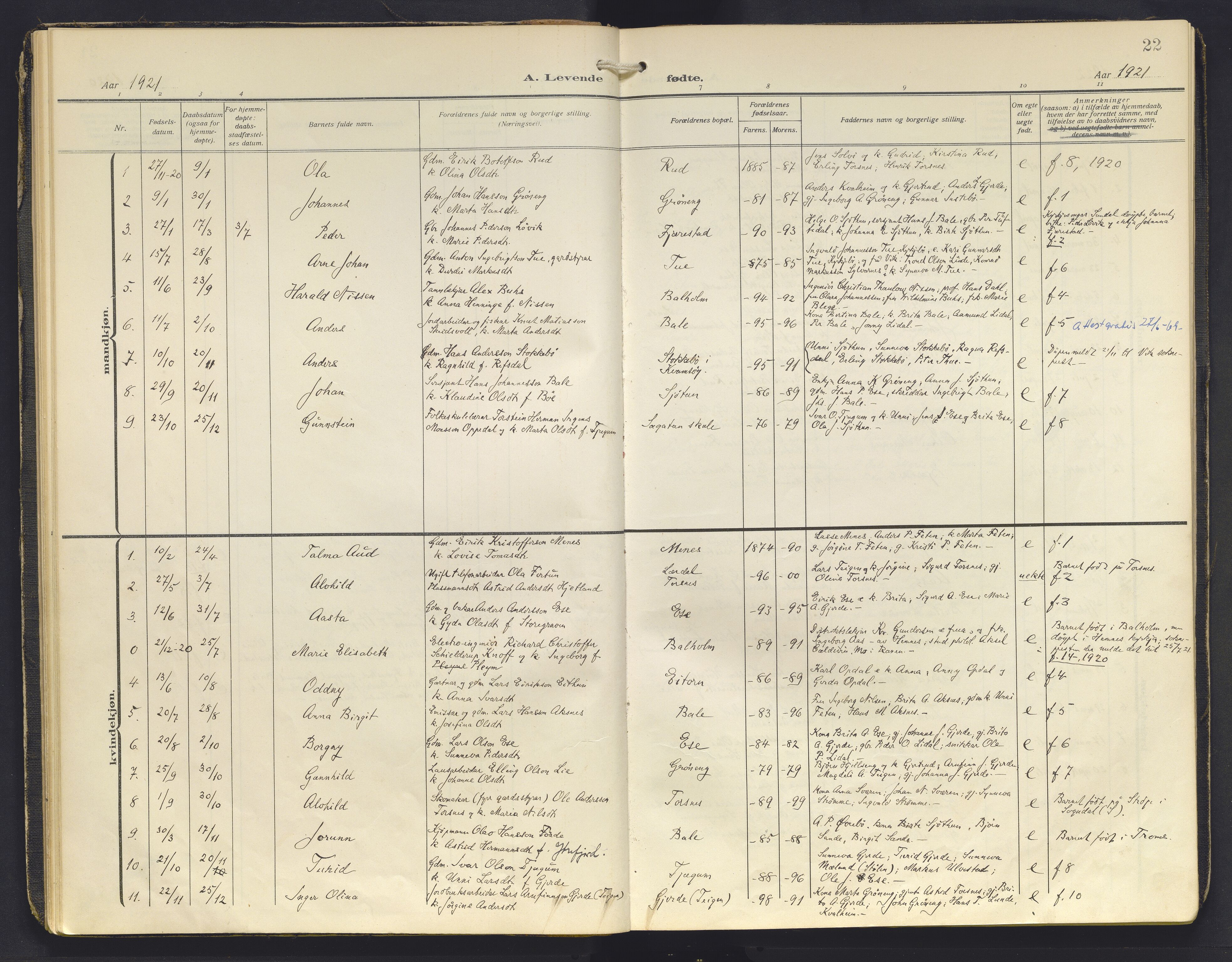 Balestrand sokneprestembete, AV/SAB-A-79601/H/Haa/Haab/L0002: Parish register (official) no. B 2, 1911-1932, p. 22