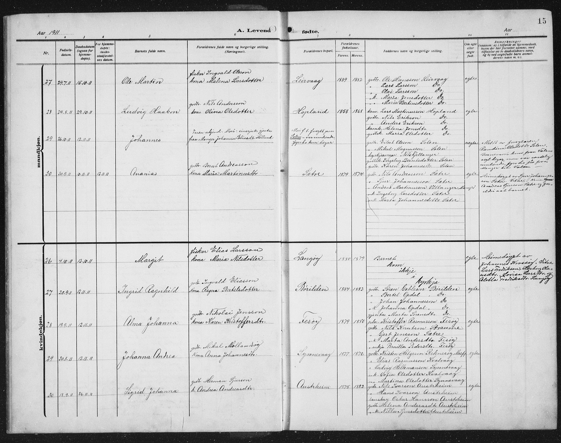 Lindås Sokneprestembete, AV/SAB-A-76701/H/Hab/Habc/L0005: Parish register (copy) no. C 5, 1910-1927, p. 15