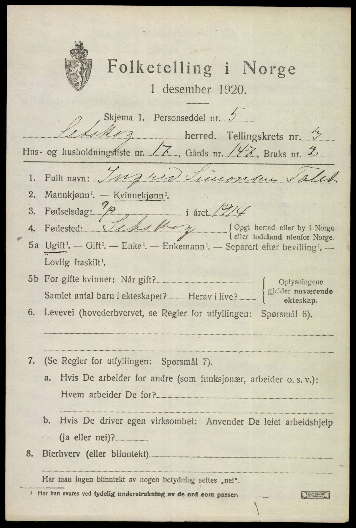 SAO, 1920 census for Setskog, 1920, p. 1760