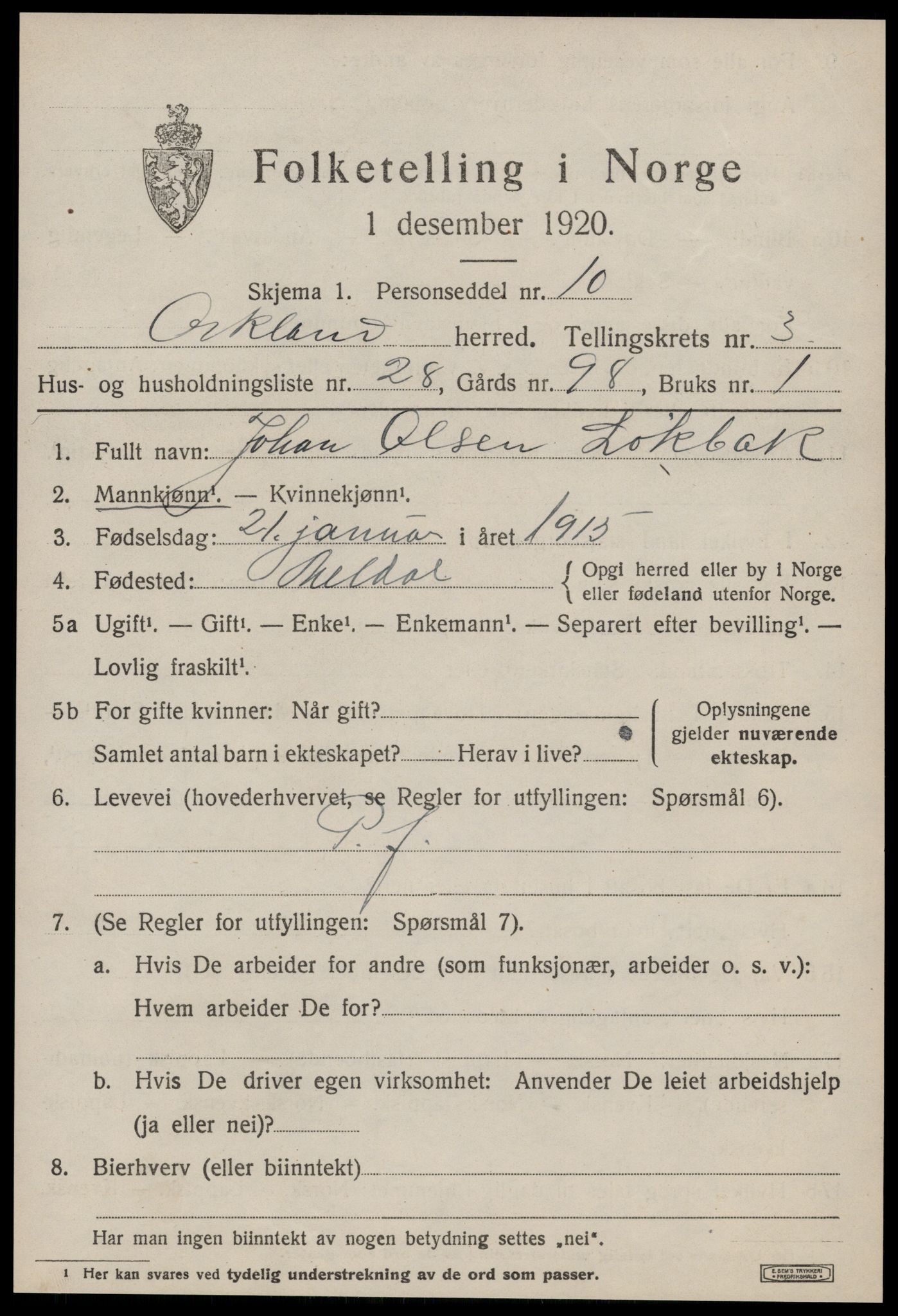 SAT, 1920 census for Orkland, 1920, p. 2970