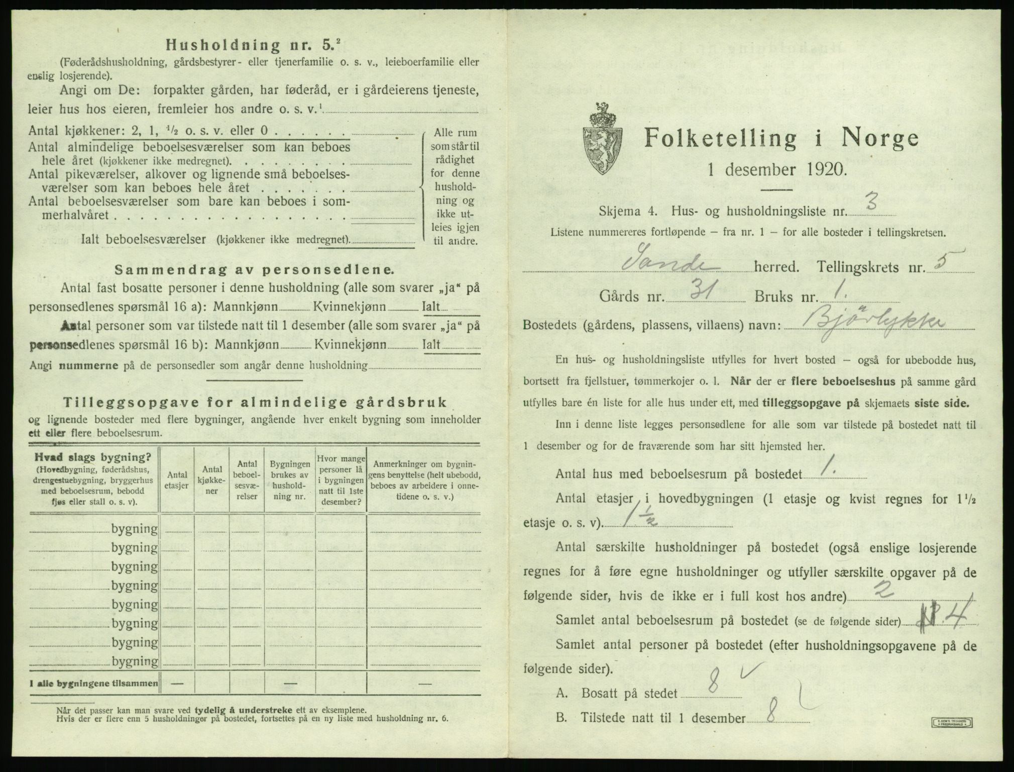 SAT, 1920 census for Sande (MR), 1920, p. 408