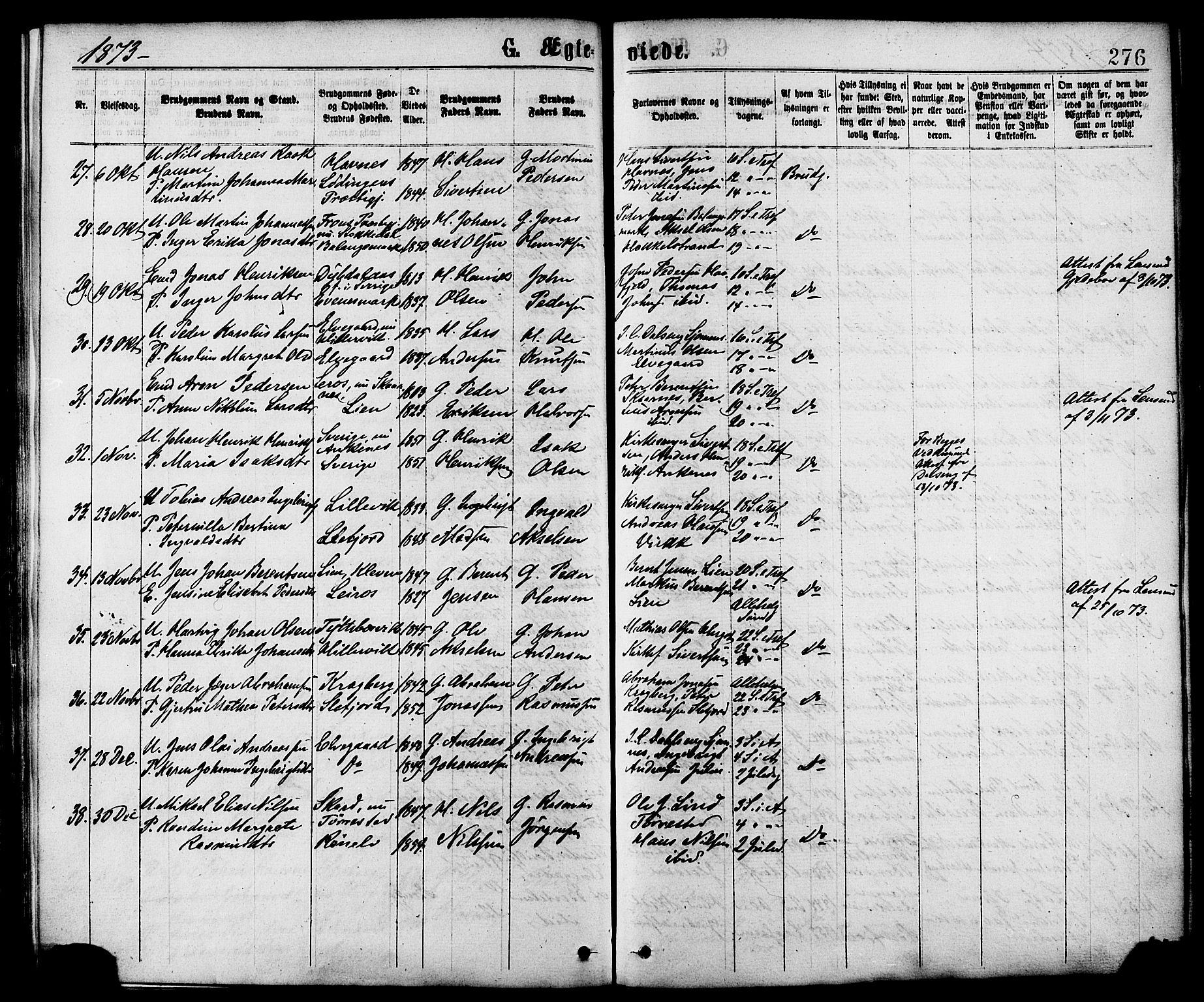 Ministerialprotokoller, klokkerbøker og fødselsregistre - Nordland, SAT/A-1459/863/L0897: Parish register (official) no. 863A09, 1872-1886, p. 276