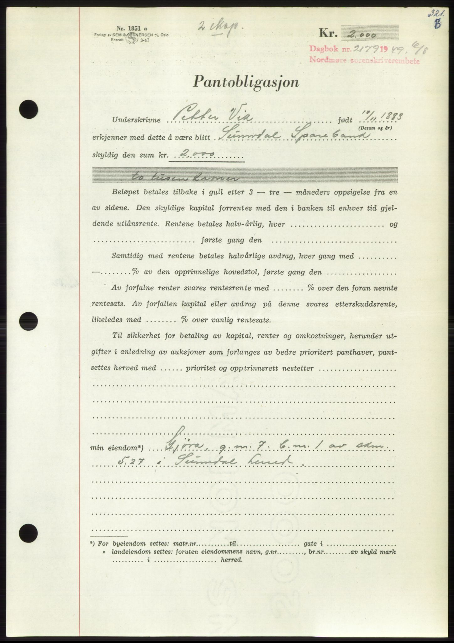 Nordmøre sorenskriveri, AV/SAT-A-4132/1/2/2Ca: Mortgage book no. B102, 1949-1949, Diary no: : 2179/1949