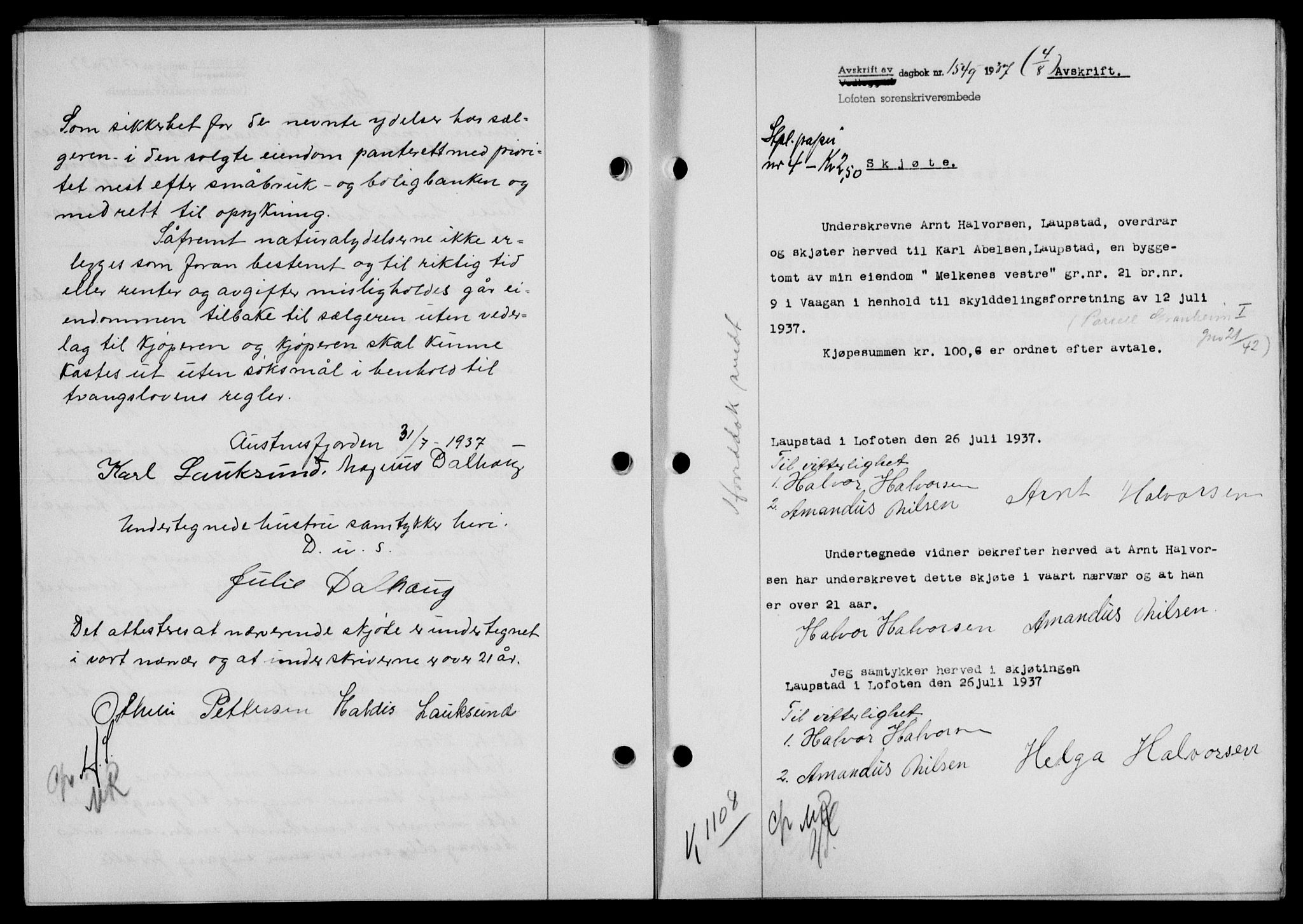 Lofoten sorenskriveri, SAT/A-0017/1/2/2C/L0002a: Mortgage book no. 2a, 1937-1937, Diary no: : 1549/1937