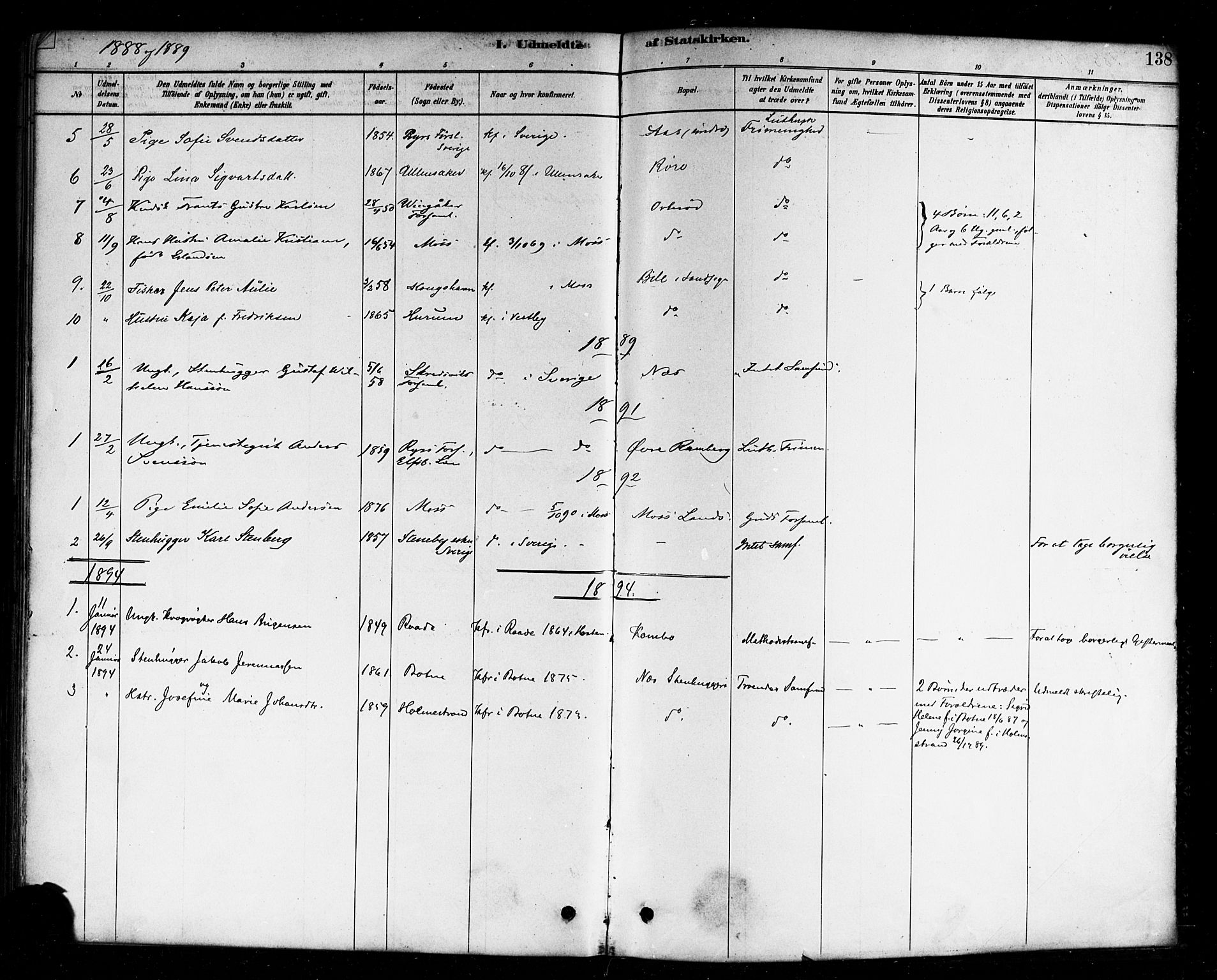 Moss prestekontor Kirkebøker, AV/SAO-A-2003/F/Fc/L0001: Parish register (official) no. III 1, 1878-1894, p. 138