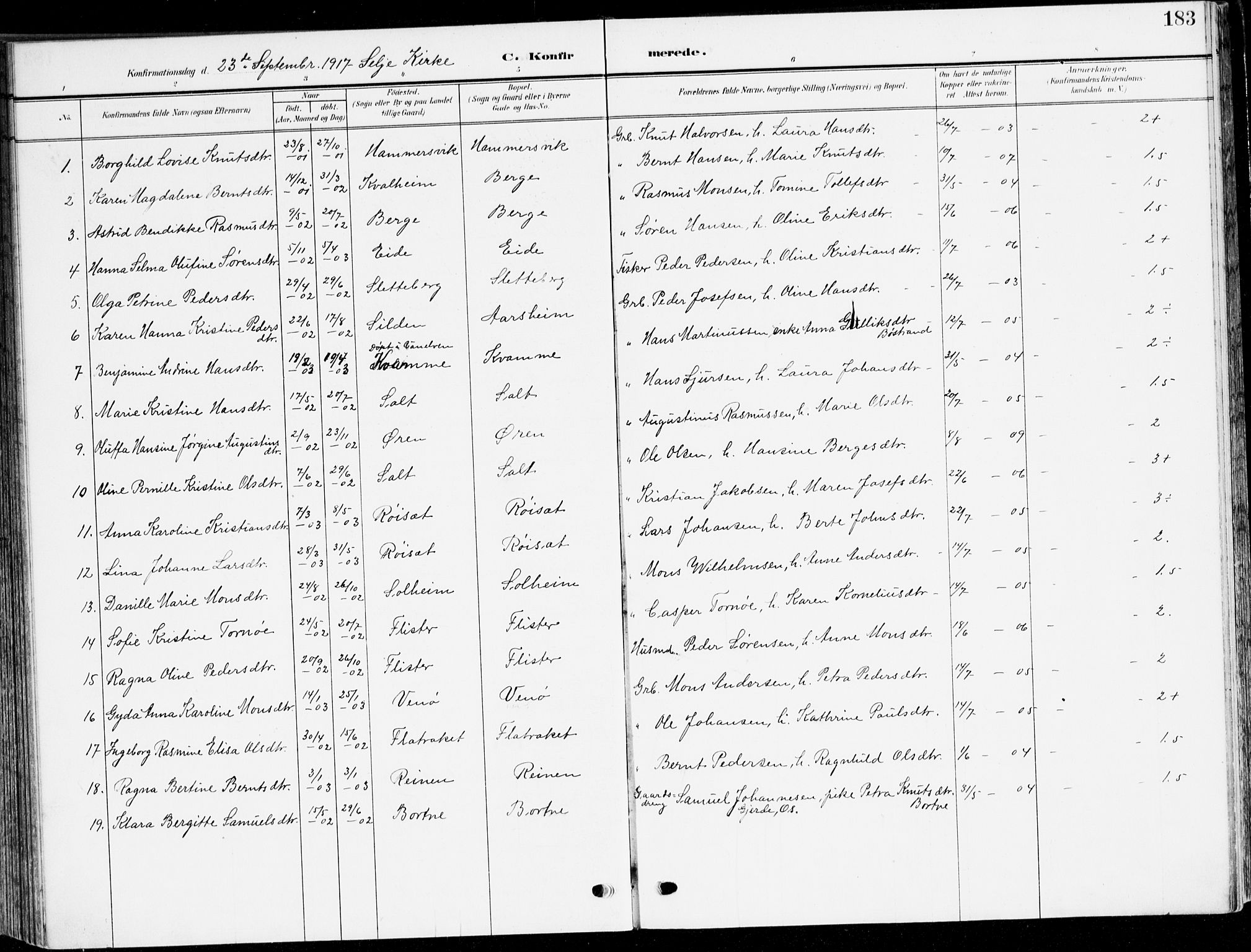 Selje sokneprestembete, SAB/A-99938/H/Ha/Haa/Haab: Parish register (official) no. B 3, 1908-1923, p. 183