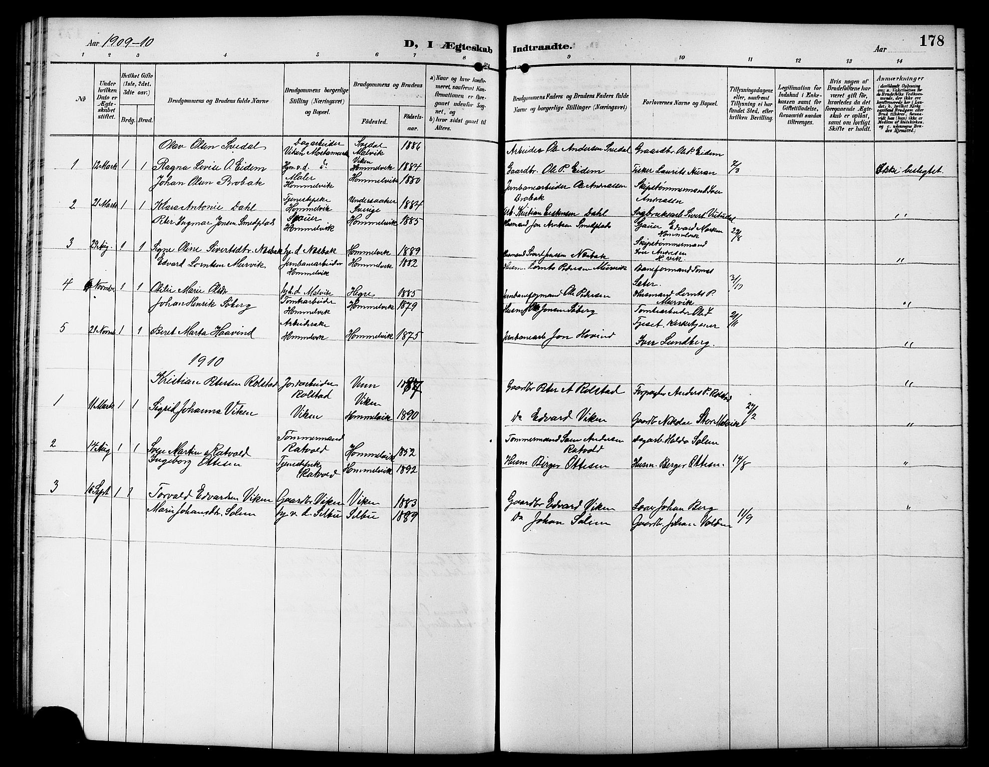 Ministerialprotokoller, klokkerbøker og fødselsregistre - Sør-Trøndelag, AV/SAT-A-1456/617/L0431: Parish register (copy) no. 617C01, 1889-1910, p. 178