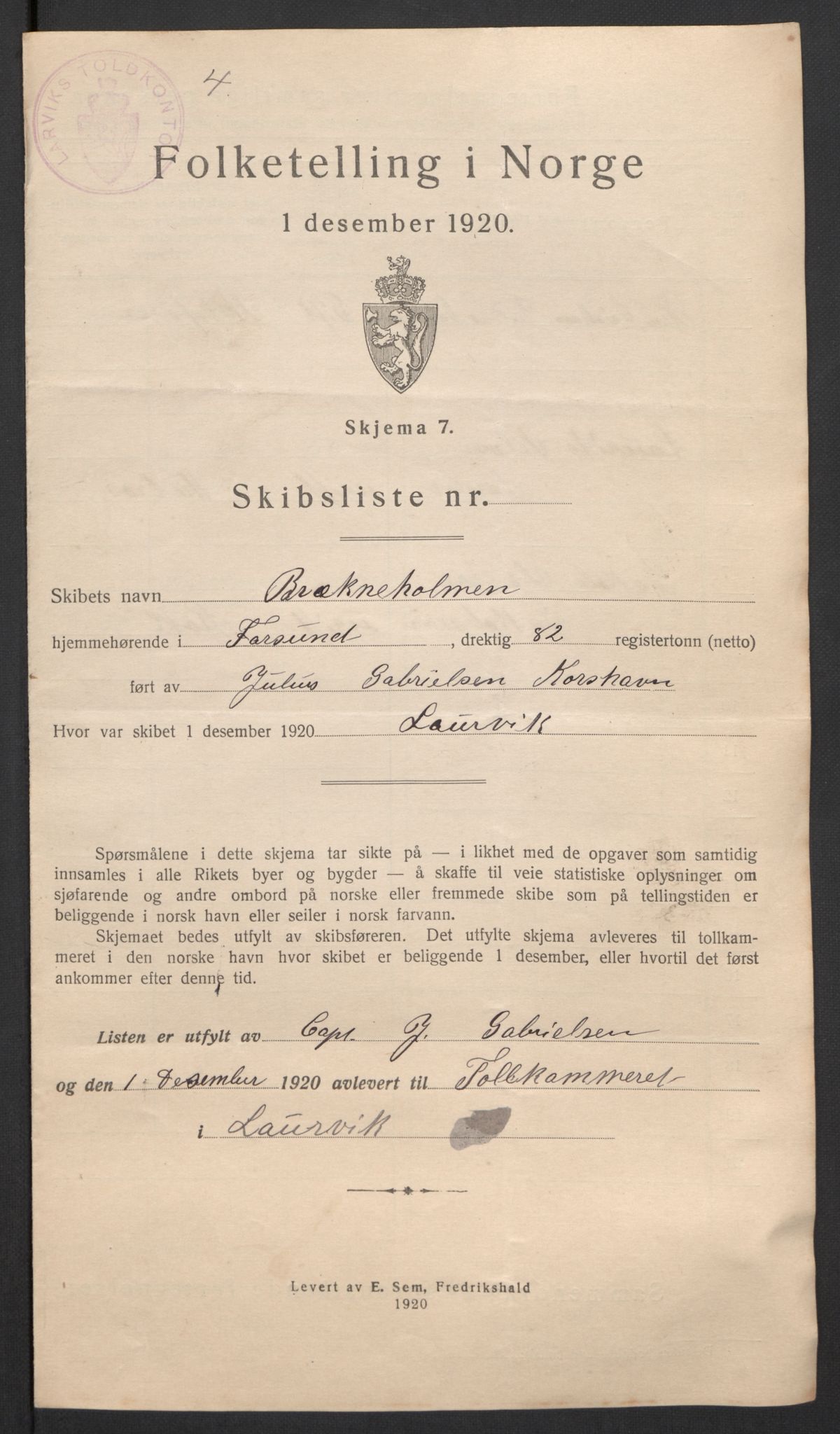 SAKO, 1920 census for Larvik, 1920, p. 31789