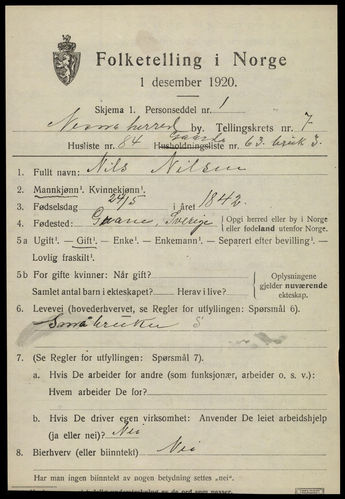 SAT, 1920 census for Nesna, 1920, p. 6543