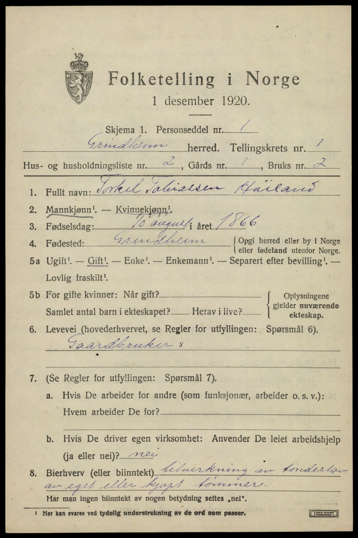 SAK, 1920 census for Grindheim, 1920, p. 415