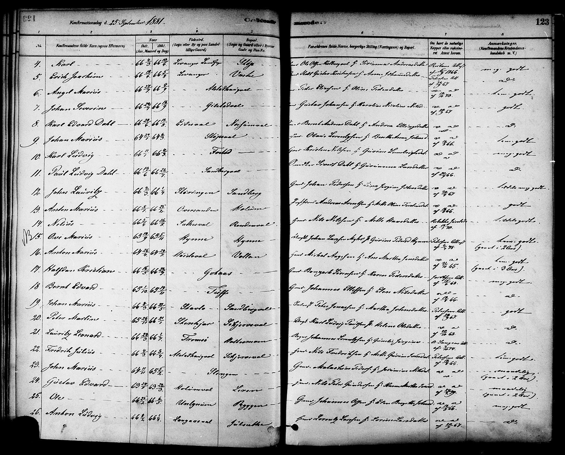 Ministerialprotokoller, klokkerbøker og fødselsregistre - Nord-Trøndelag, SAT/A-1458/717/L0159: Parish register (official) no. 717A09, 1878-1898, p. 123