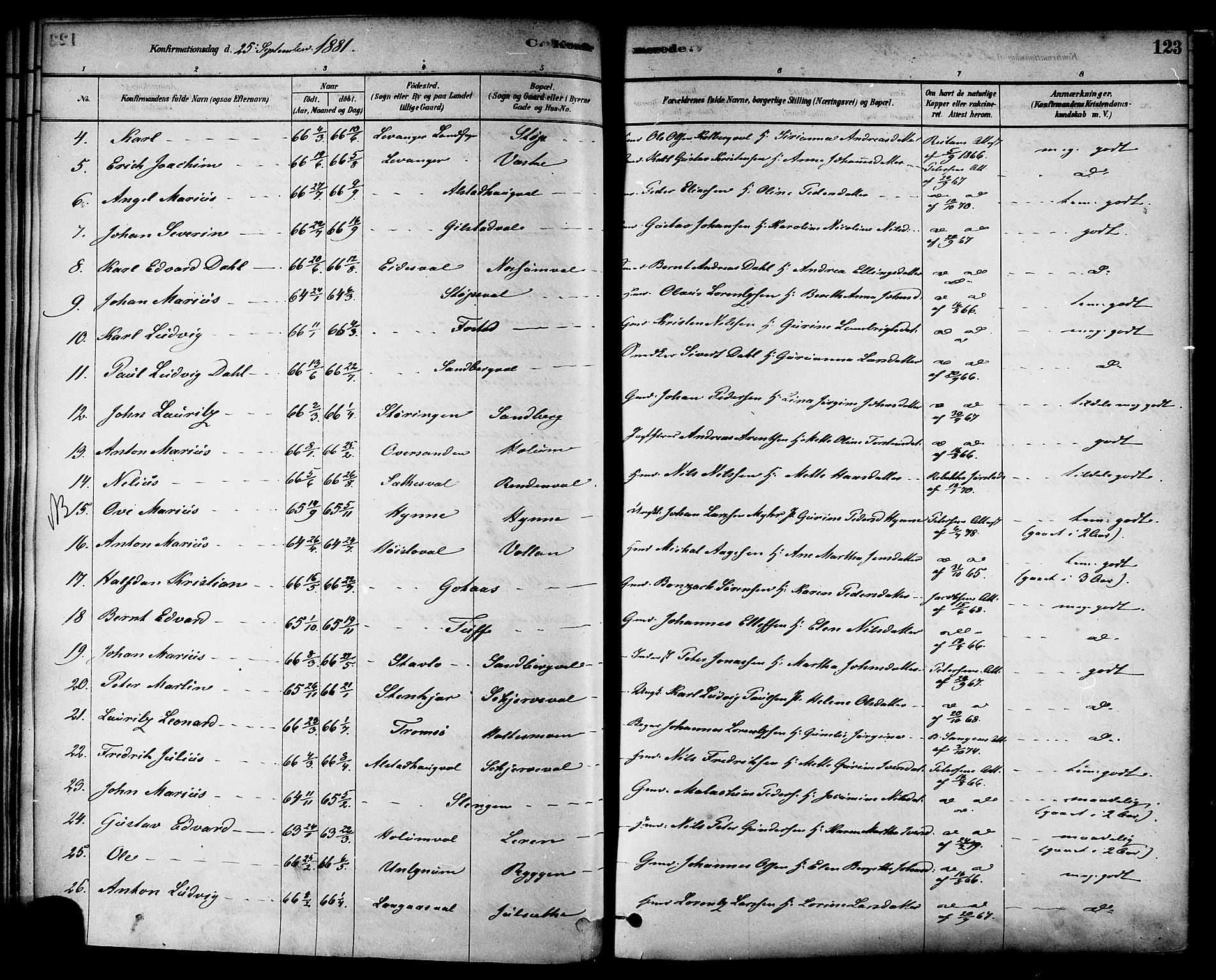 Ministerialprotokoller, klokkerbøker og fødselsregistre - Nord-Trøndelag, AV/SAT-A-1458/717/L0159: Parish register (official) no. 717A09, 1878-1898, p. 123