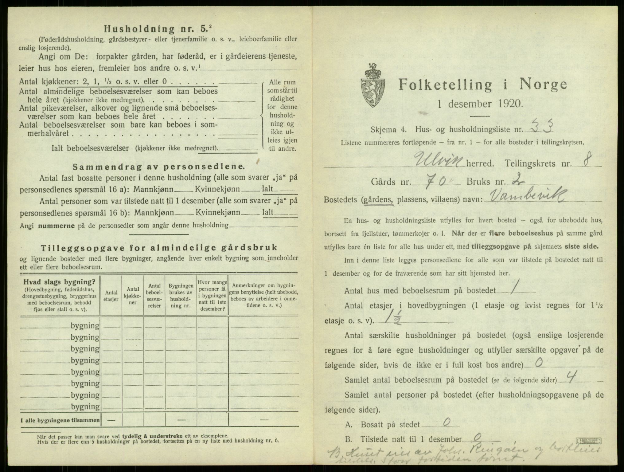 SAB, 1920 census for Ulvik, 1920, p. 65