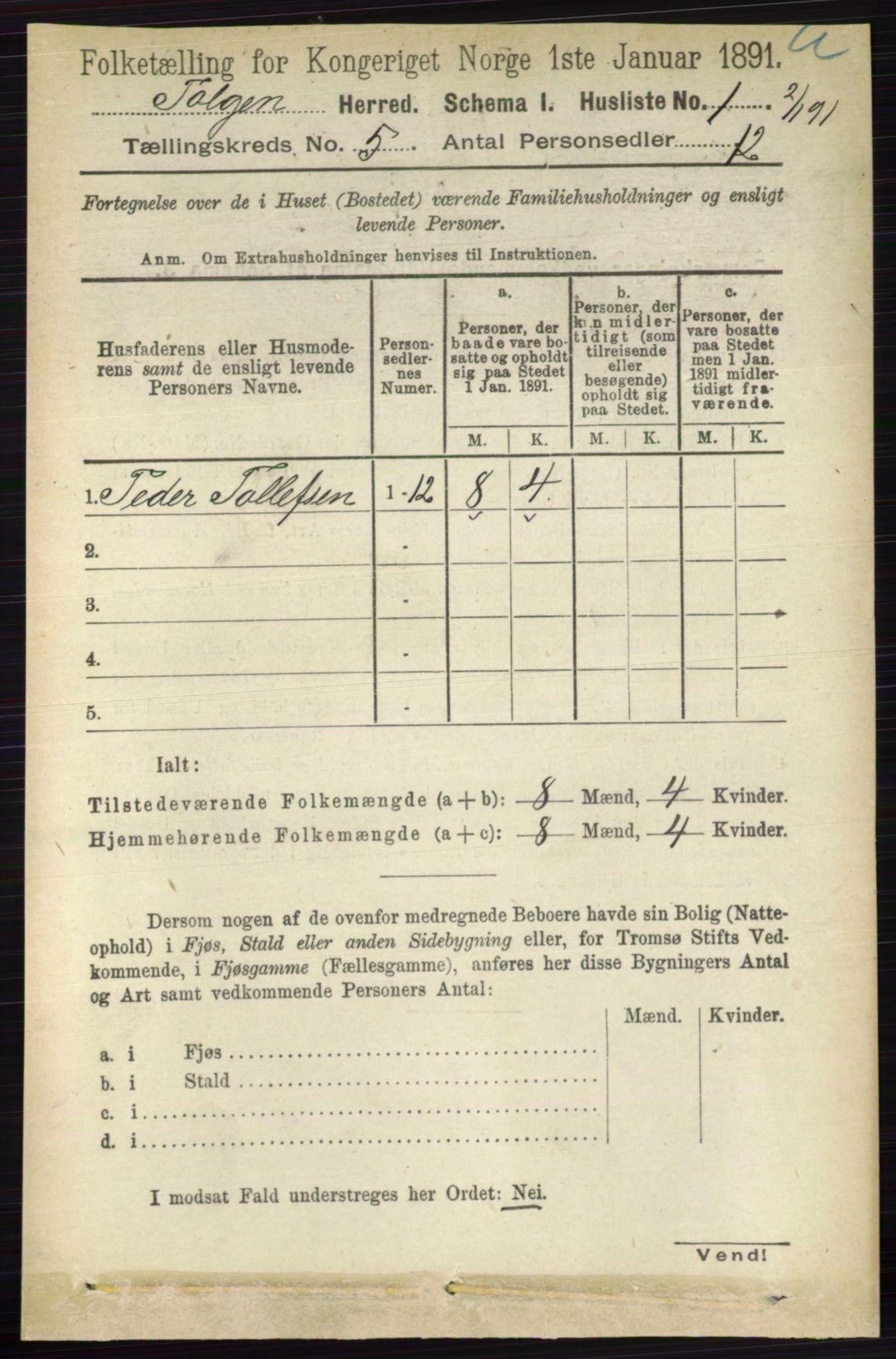 RA, 1891 census for 0436 Tolga, 1891, p. 1245