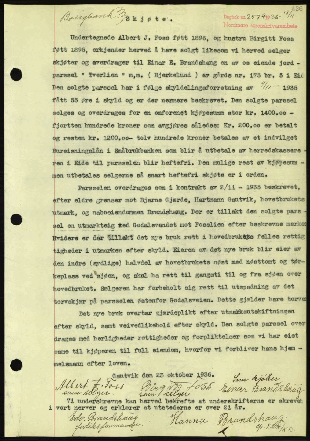 Nordmøre sorenskriveri, AV/SAT-A-4132/1/2/2Ca: Mortgage book no. A80, 1936-1937, Diary no: : 2579/1936