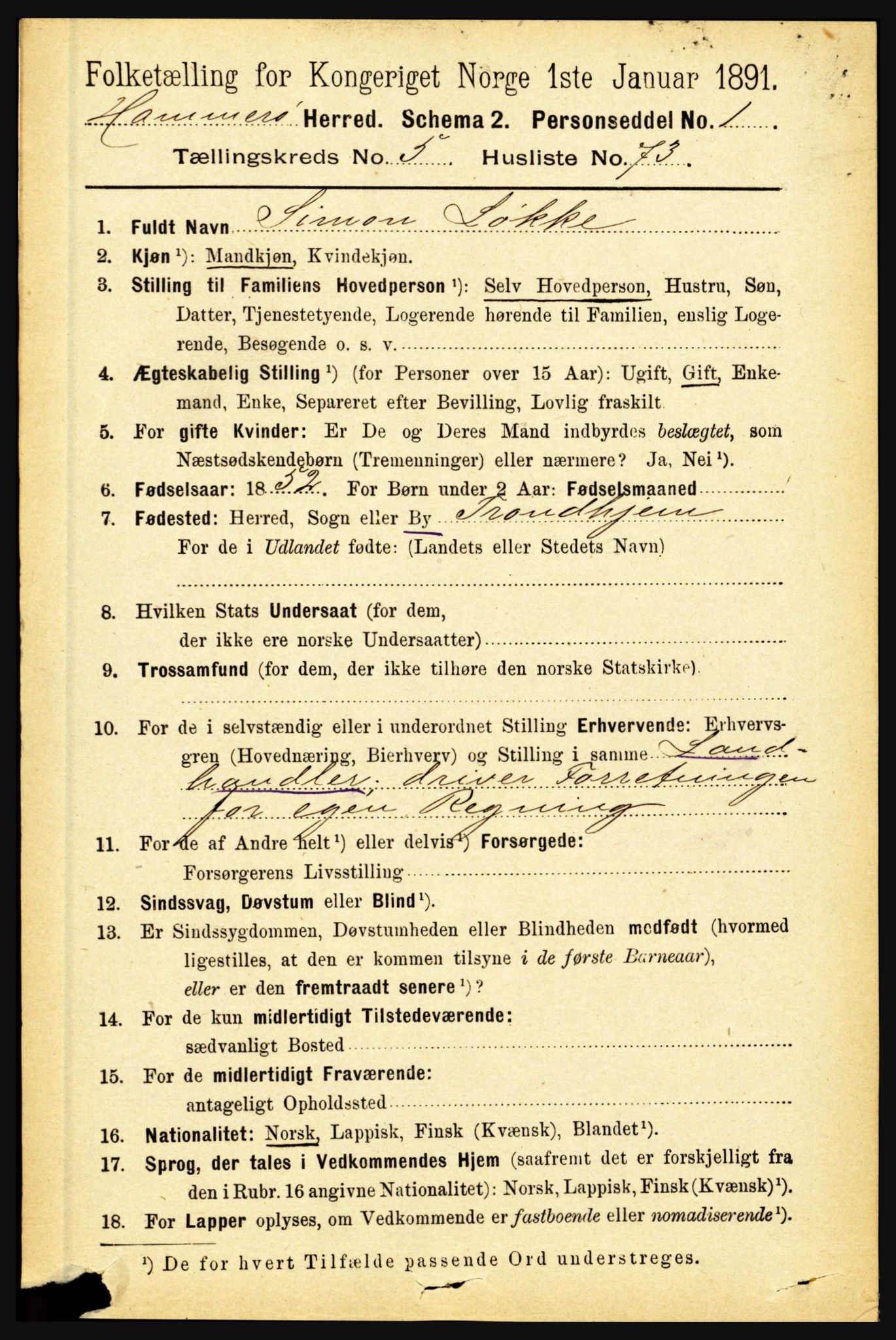 RA, 1891 census for 1849 Hamarøy, 1891, p. 2925