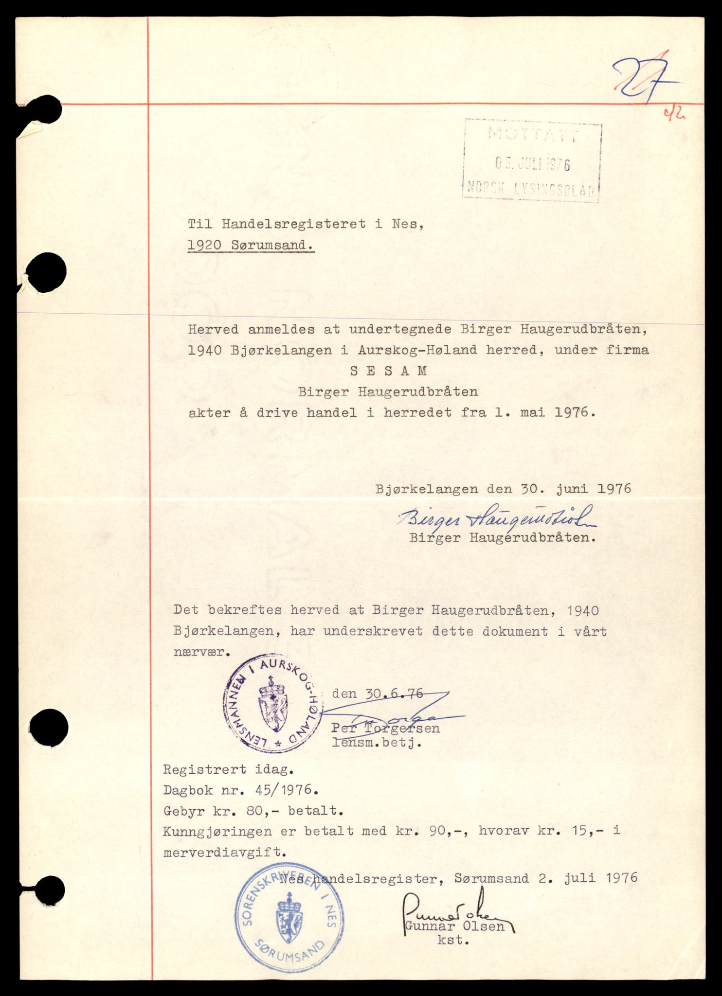 Nes tingrett, AV/SAT-A-10548/K/Ke/Kea/L0006: Enkeltmannsforetak, Ses - Tri, 1944-1990, p. 1