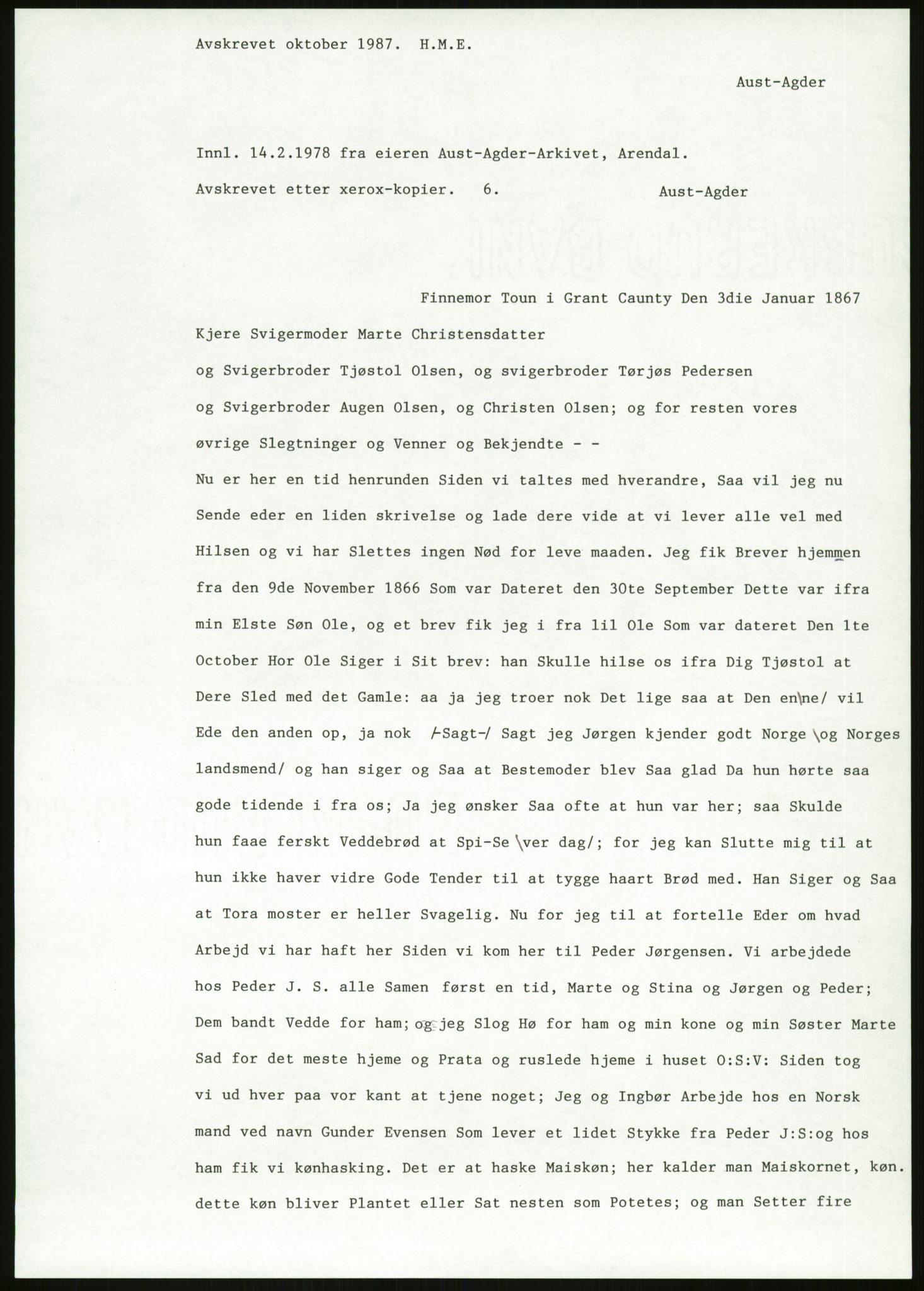 Samlinger til kildeutgivelse, Amerikabrevene, AV/RA-EA-4057/F/L0026: Innlån fra Aust-Agder: Aust-Agder-Arkivet - Erickson, 1838-1914, p. 95