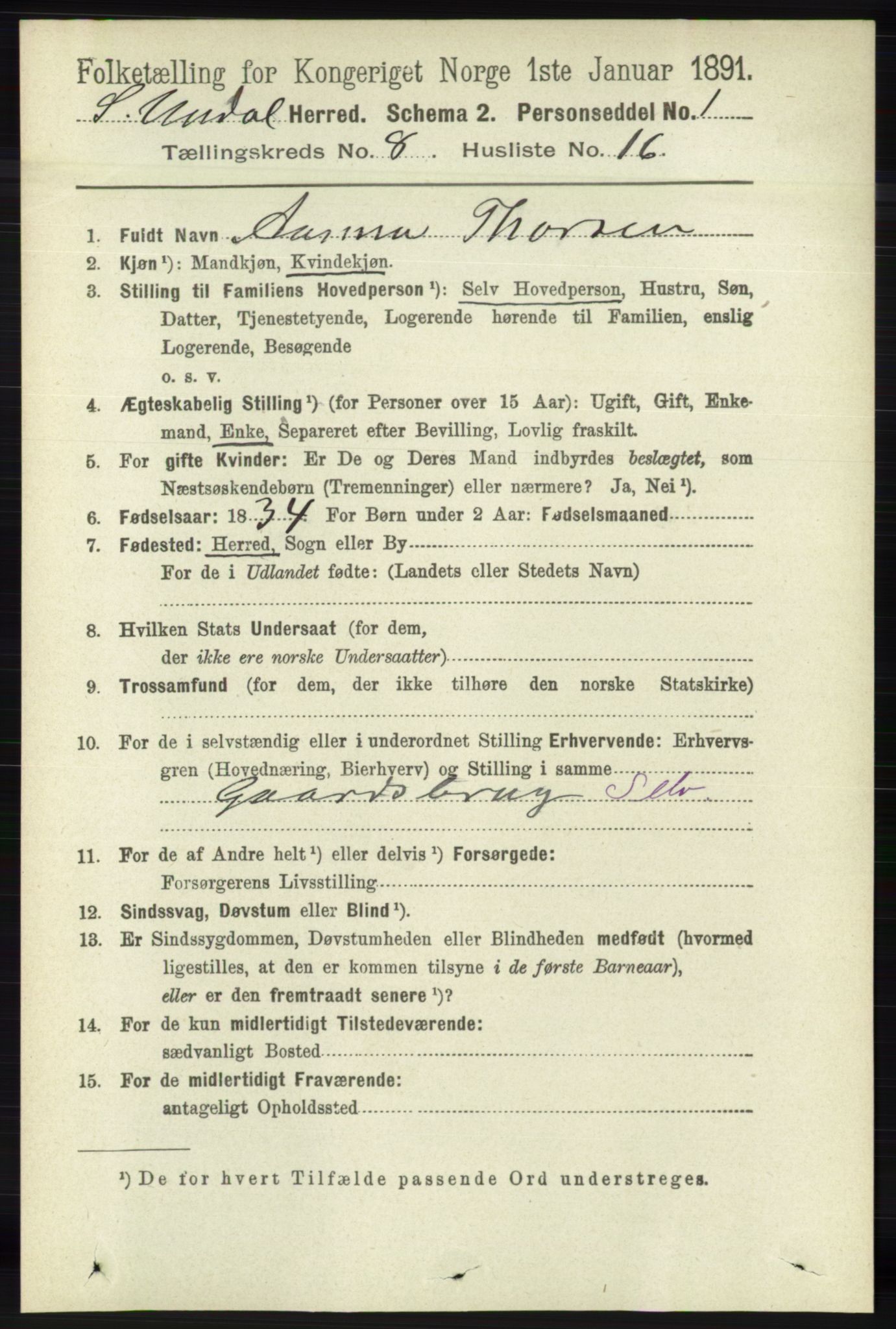 RA, 1891 census for 1029 Sør-Audnedal, 1891, p. 3189