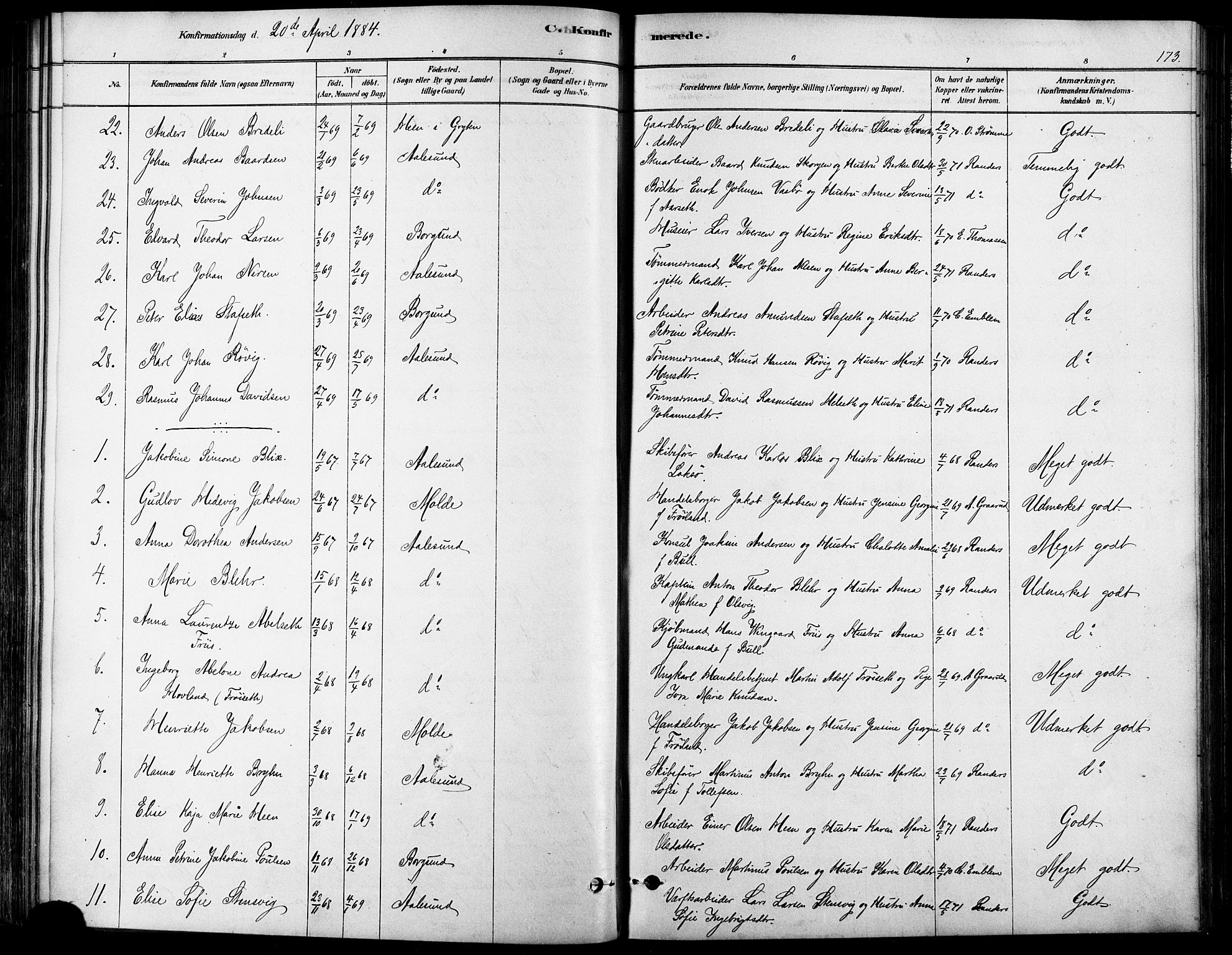 Ministerialprotokoller, klokkerbøker og fødselsregistre - Møre og Romsdal, AV/SAT-A-1454/529/L0454: Parish register (official) no. 529A04, 1878-1885, p. 173