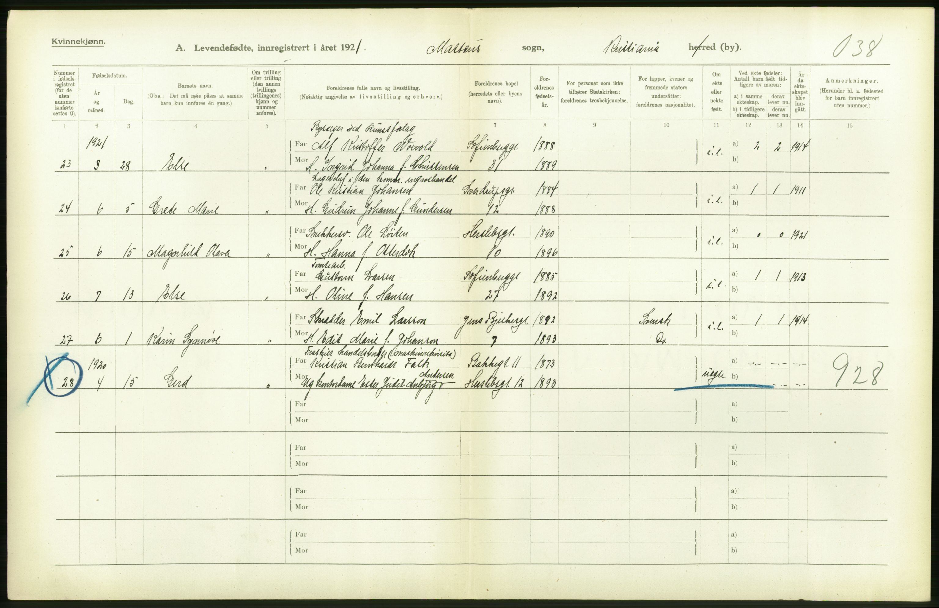 Statistisk sentralbyrå, Sosiodemografiske emner, Befolkning, RA/S-2228/D/Df/Dfc/Dfca/L0008: Kristiania: Levendefødte menn og kvinner., 1921, p. 158