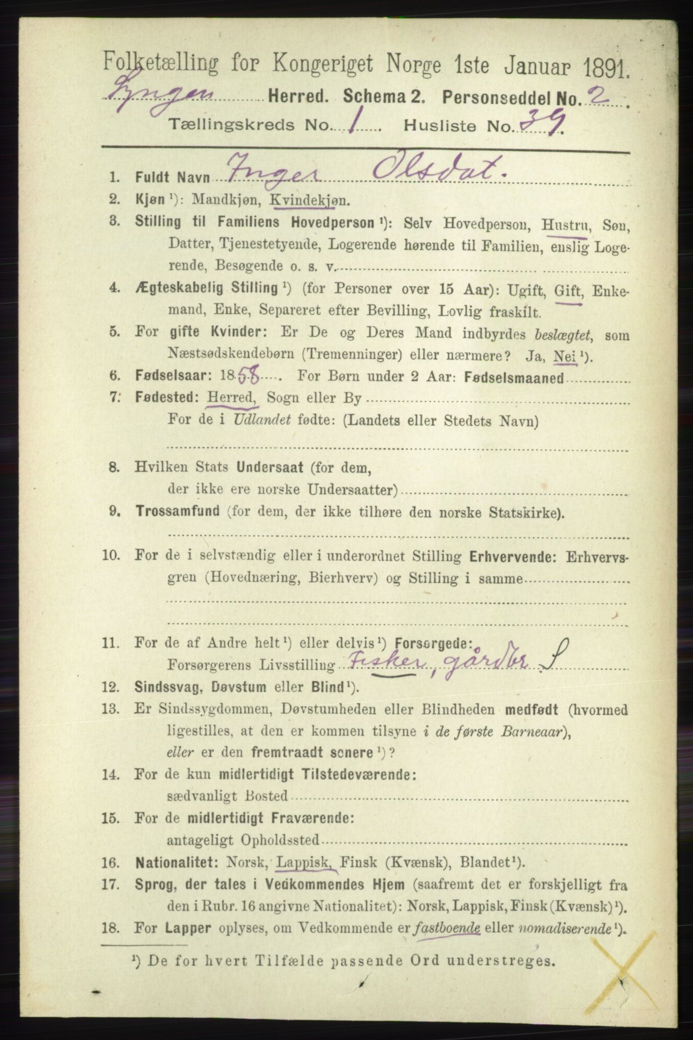 RA, 1891 census for 1938 Lyngen, 1891, p. 537