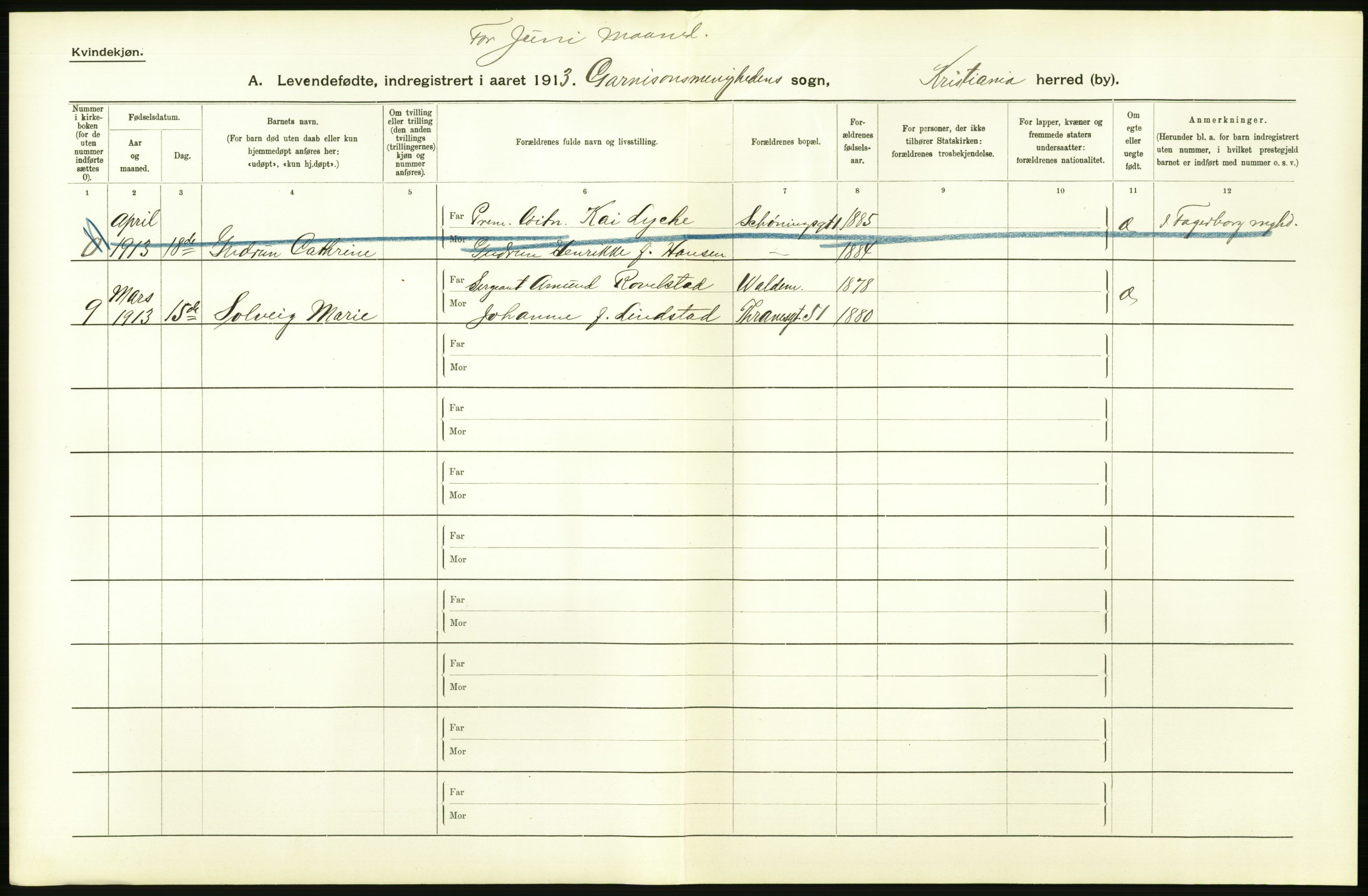 Statistisk sentralbyrå, Sosiodemografiske emner, Befolkning, AV/RA-S-2228/D/Df/Dfb/Dfbc/L0007: Kristiania: Levendefødte menn og kvinner., 1913, p. 748