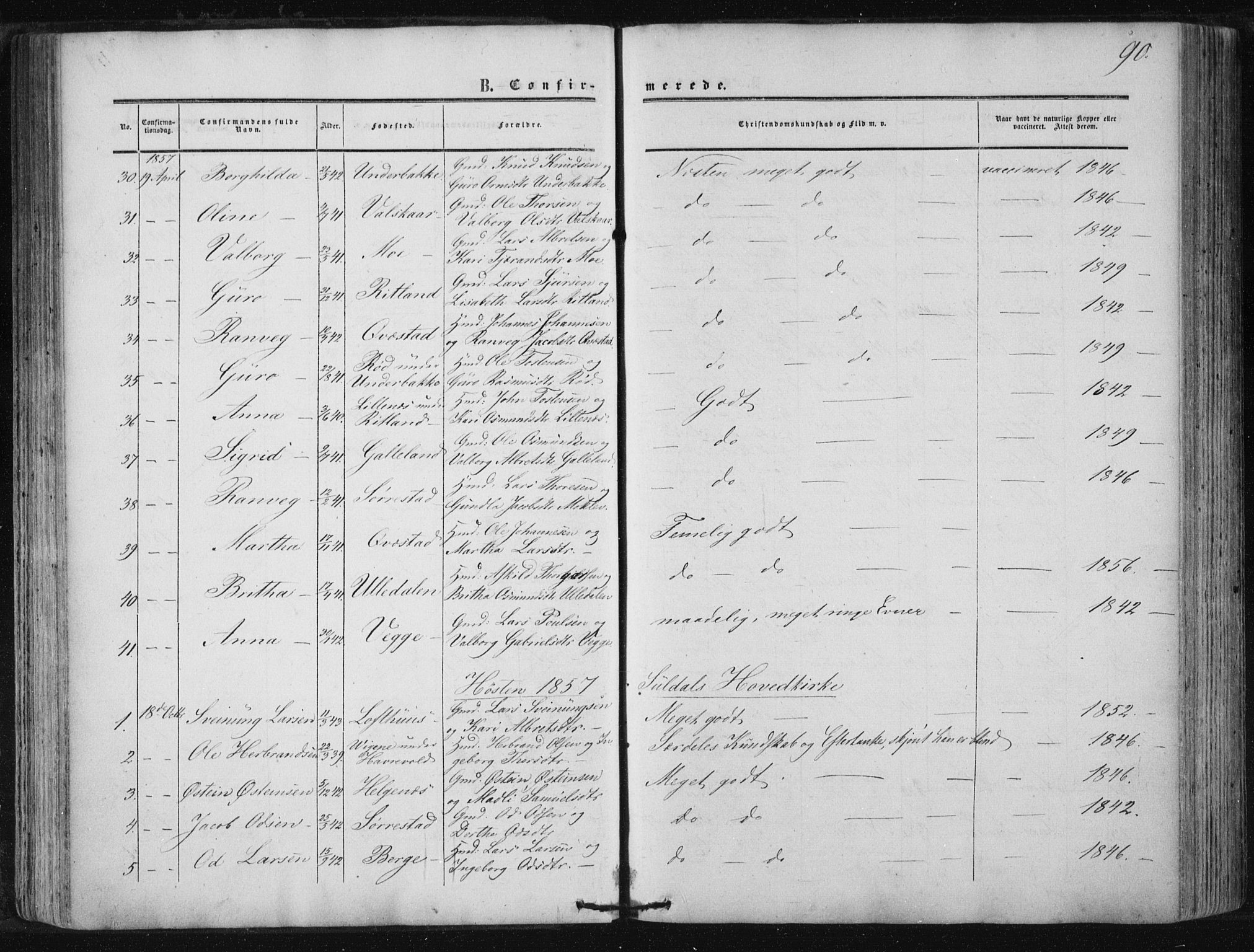 Suldal sokneprestkontor, AV/SAST-A-101845/01/IV/L0009: Parish register (official) no. A 9, 1854-1868, p. 90