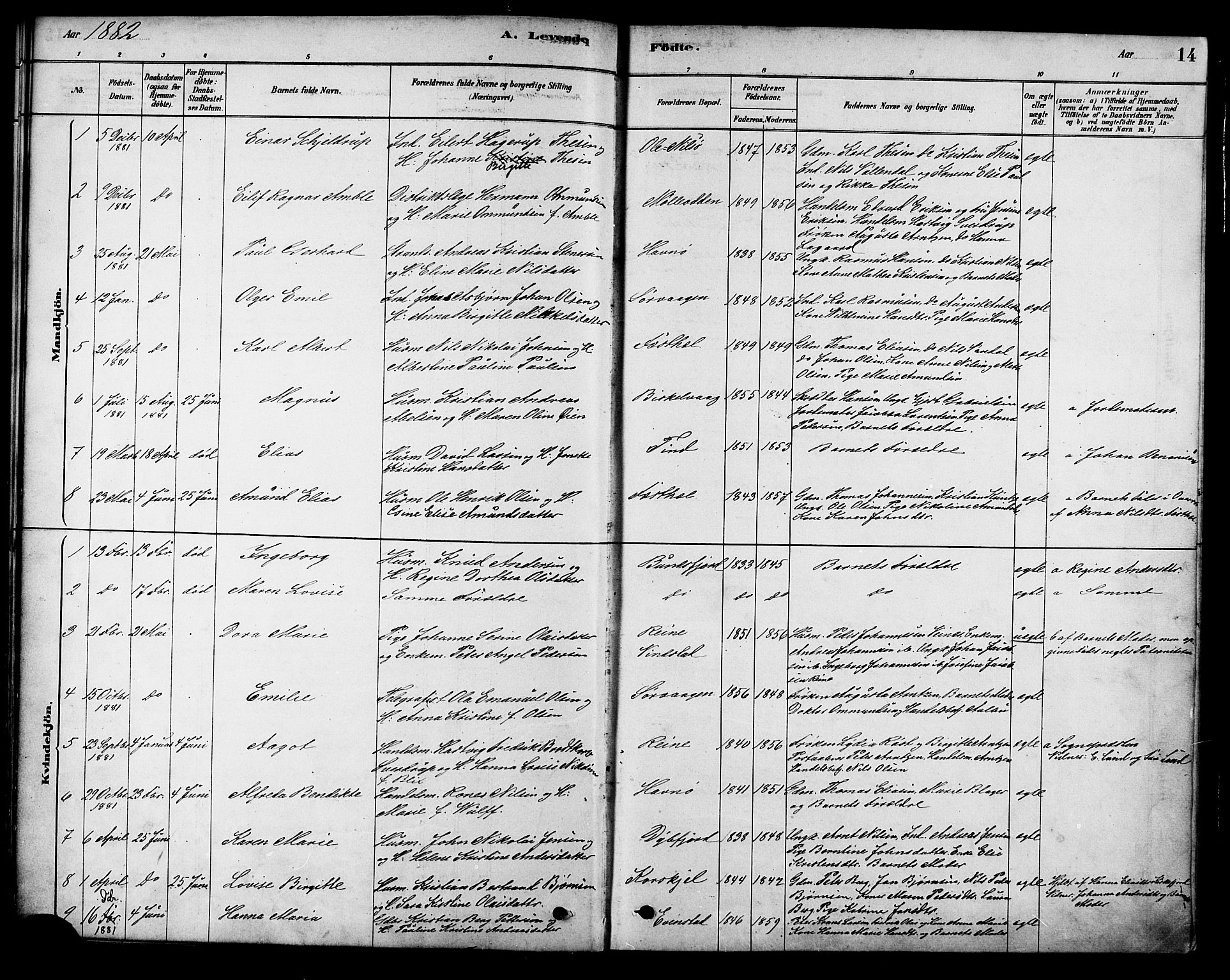 Ministerialprotokoller, klokkerbøker og fødselsregistre - Nordland, SAT/A-1459/886/L1219: Parish register (official) no. 886A01, 1878-1892, p. 14